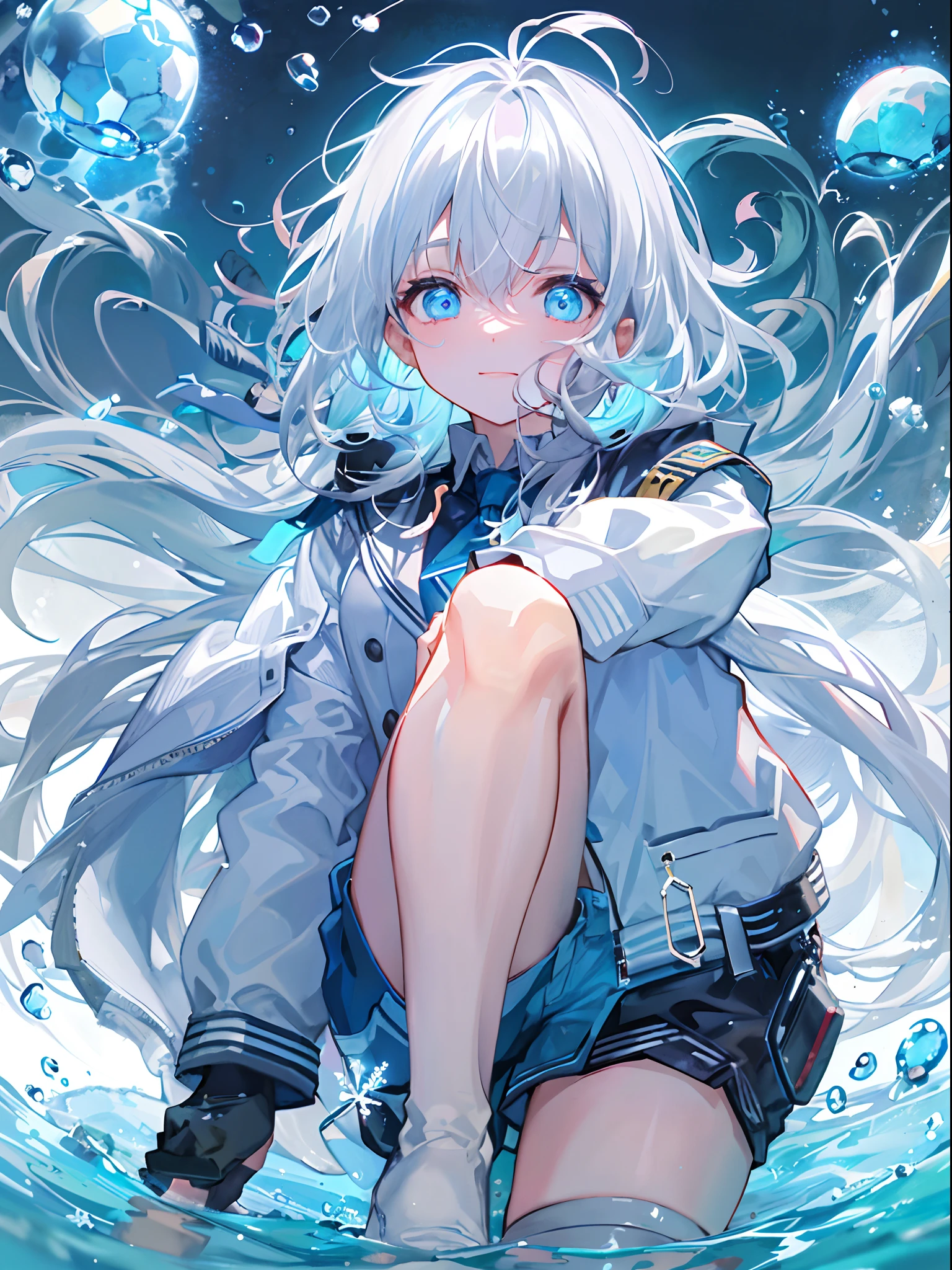 ((top-quality)), ((masterpiece)), ((ultra-detailliert)), (extremely delicate and beautiful), girl with, 独奏, cold attitude,((Black jacket)),She is very(relax)with the(Settled down)Looks,A dark-haired, depth of fields,evil smile,Bubble, under the water, Air bubble,bright light blue eyes,Inner color with light white hair and and light blue tips,Cold background,Bob Hair - Linear Art, shortpants、knee high socks、White uniform like school uniform、Light blue ribbon ties、Clothes are sheer、Hands in pockets、Bright eyes like sapphires,flourescent blue, There was a little blue light floating around、Upper eyes、