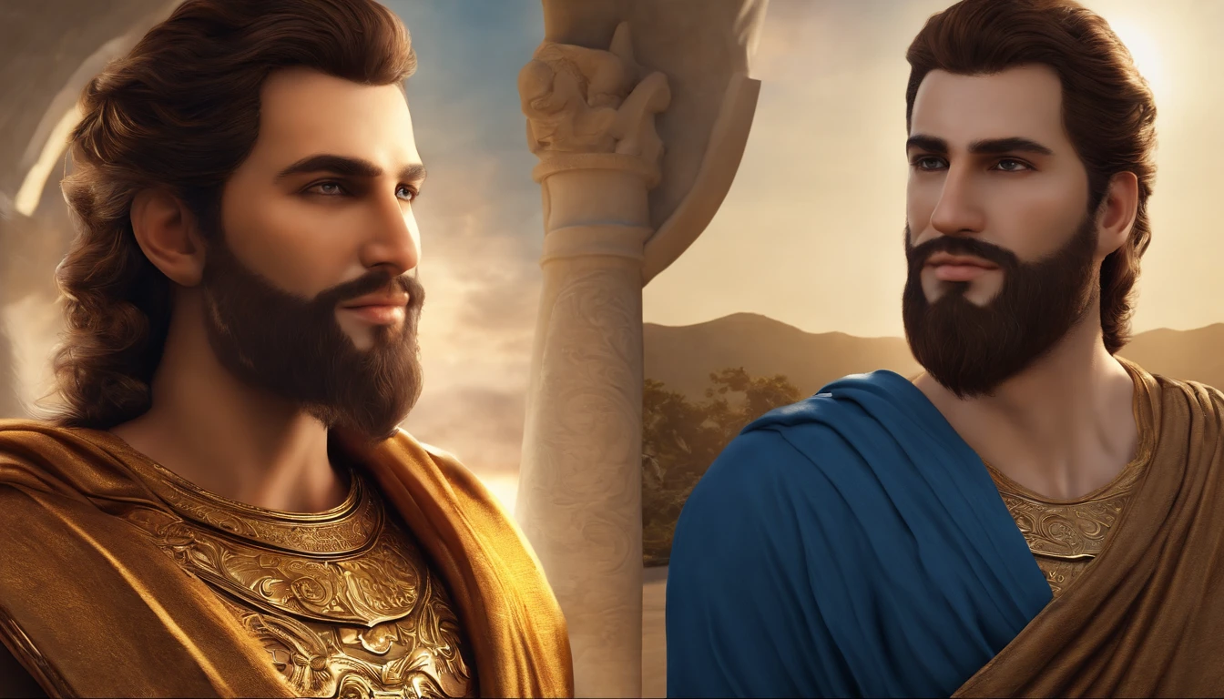 Digital realistic front pose looking image of a most attractive sun god, age 30, face fair, very attractive, handsome, romantic , wisdom full attractive mesmerizing divine eyes looking in front pose, sharp nose, smiling lips , have long loose golden hairs. Good looking beard , Body appearance elegant, stout, masculine, dynamic, looks mighty like a handsome greek god, wears a blue robe, detailed realistic looking avatar.