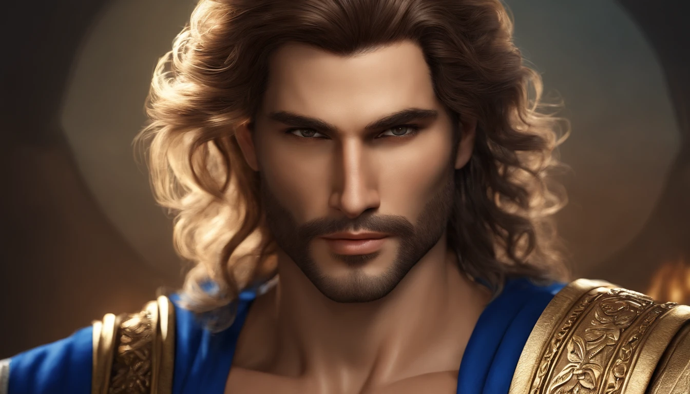 Digital realistic front pose looking image of a most attractive sun god, age 30, face fair, very attractive, handsome, romantic , wisdom full attractive mesmerizing divine eyes looking in front pose, sharp nose, smiling lips , have long loose golden hairs. Good looking beard , Body appearance elegant, stout, masculine, dynamic, looks mighty like a handsome greek god, wears a blue robe, detailed realistic looking avatar.