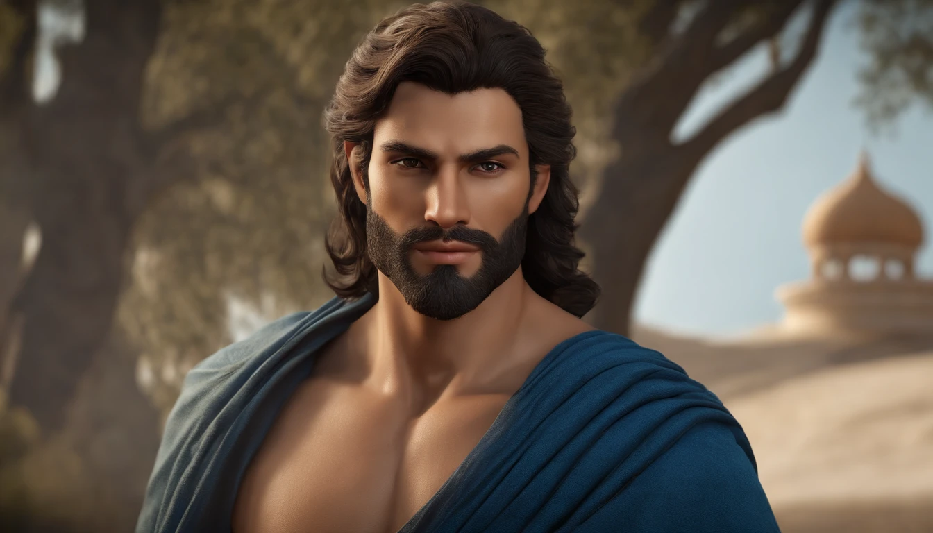 Digital realistic front pose looking image of a most attractive sun god, age 30, face fair, very attractive, handsome, romantic , wisdom full attractive mesmerizing divine eyes looking in front pose, sharp nose, smiling lips , have long loose golden hairs. Good looking beard , Body appearance elegant, stout, masculine, dynamic, looks mighty like a handsome greek god, wears a blue robe, detailed realistic looking avatar.