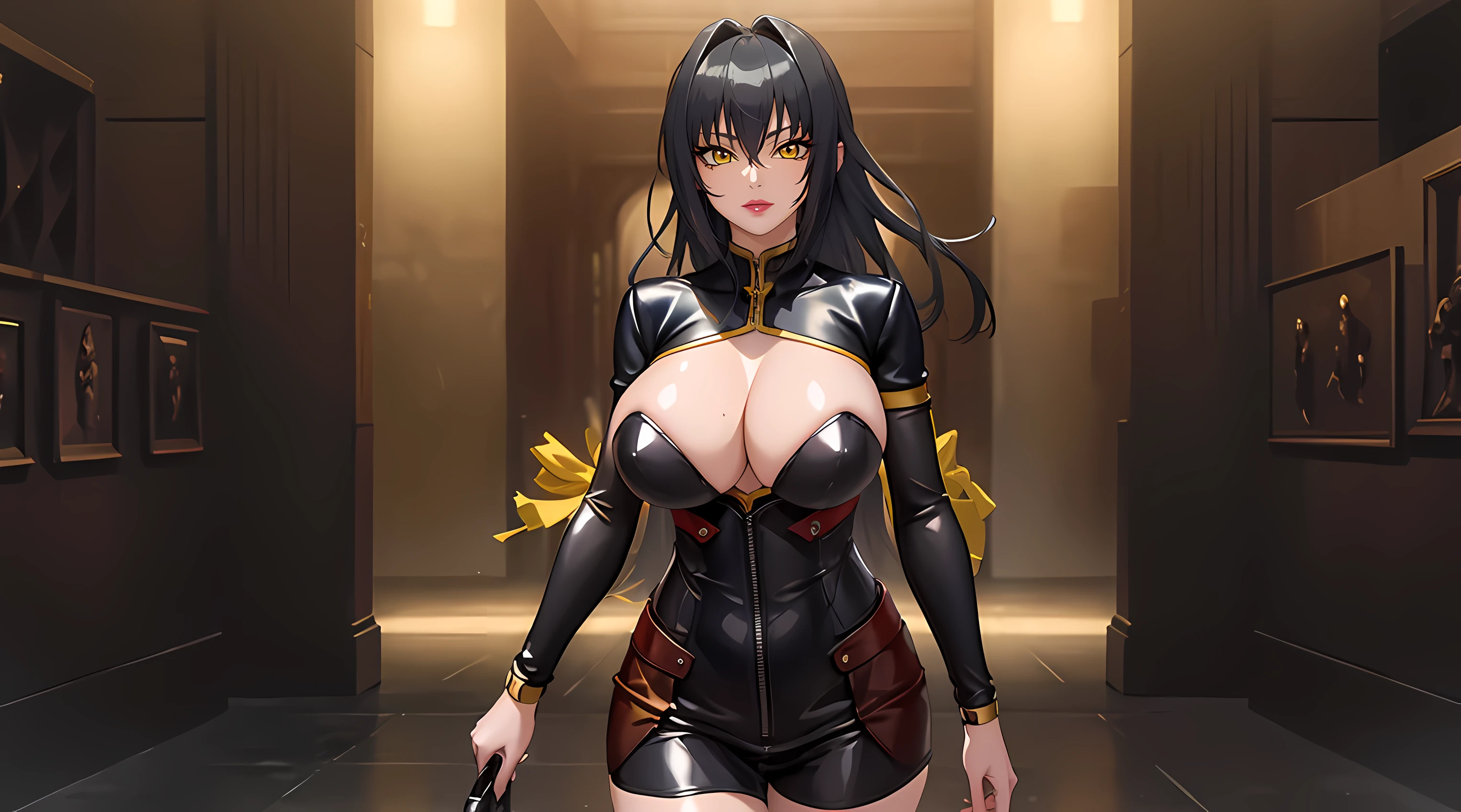 (masterpiece:1.4),(best quality:1.4),  soft lighting, cinematic bloom, beautiful face, beautiful eyes, cowboy shot,
Annerose, 1girl, solo, female mature, black hair, long hair, (yellow eyes:1.4), large breasts, bodysuit, shiny clothes, skin tight, hair intakes, covered breasts, exquisite eyes detail, exquisite character design unity details 8k hdr, professional art, landscape, (solo:1.5, 1girl:1.4, cowboy shot:1.5), day, stand in middle museum, sexy body, milf, 35 years old girl, big thighs, sexy waist, fully covered breasts, cheerful,