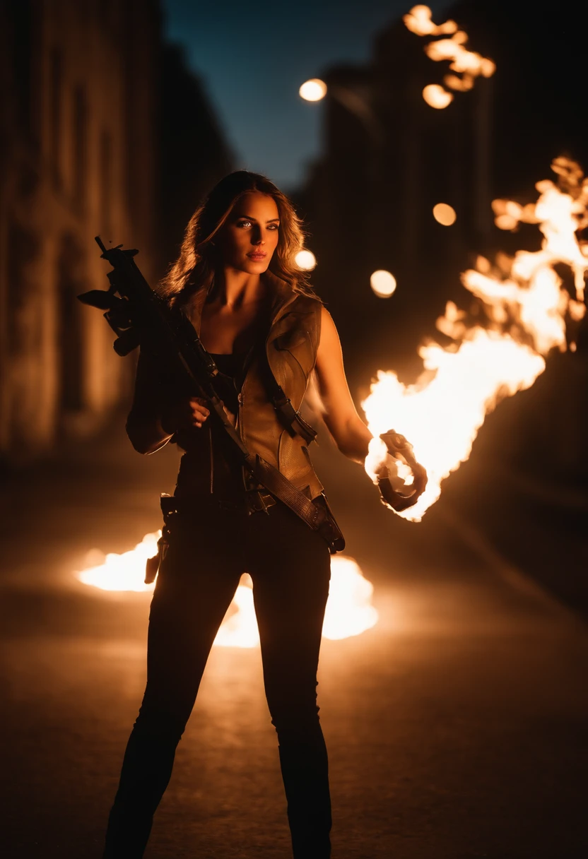 una imagen de una figura femenina seductora, envuelta en un manto oscuro y con un halo de fuego ardiente a su alrededor. La toma debe ser en primer plano y enfocada en la figura femenina. The camera should be a professional cinema camera with a high-speed shutter to capture the movement of the blazing fire. Lighting should be low and dramatic, con un enfoque en la figura femenina y el halo de fuego ardiente. The image must be captured in 4K quality to ensure maximum image quality. El ambiente debe ser oscuro y misterioso, With a burning city in the background to create an apocalyptic atmosphere.