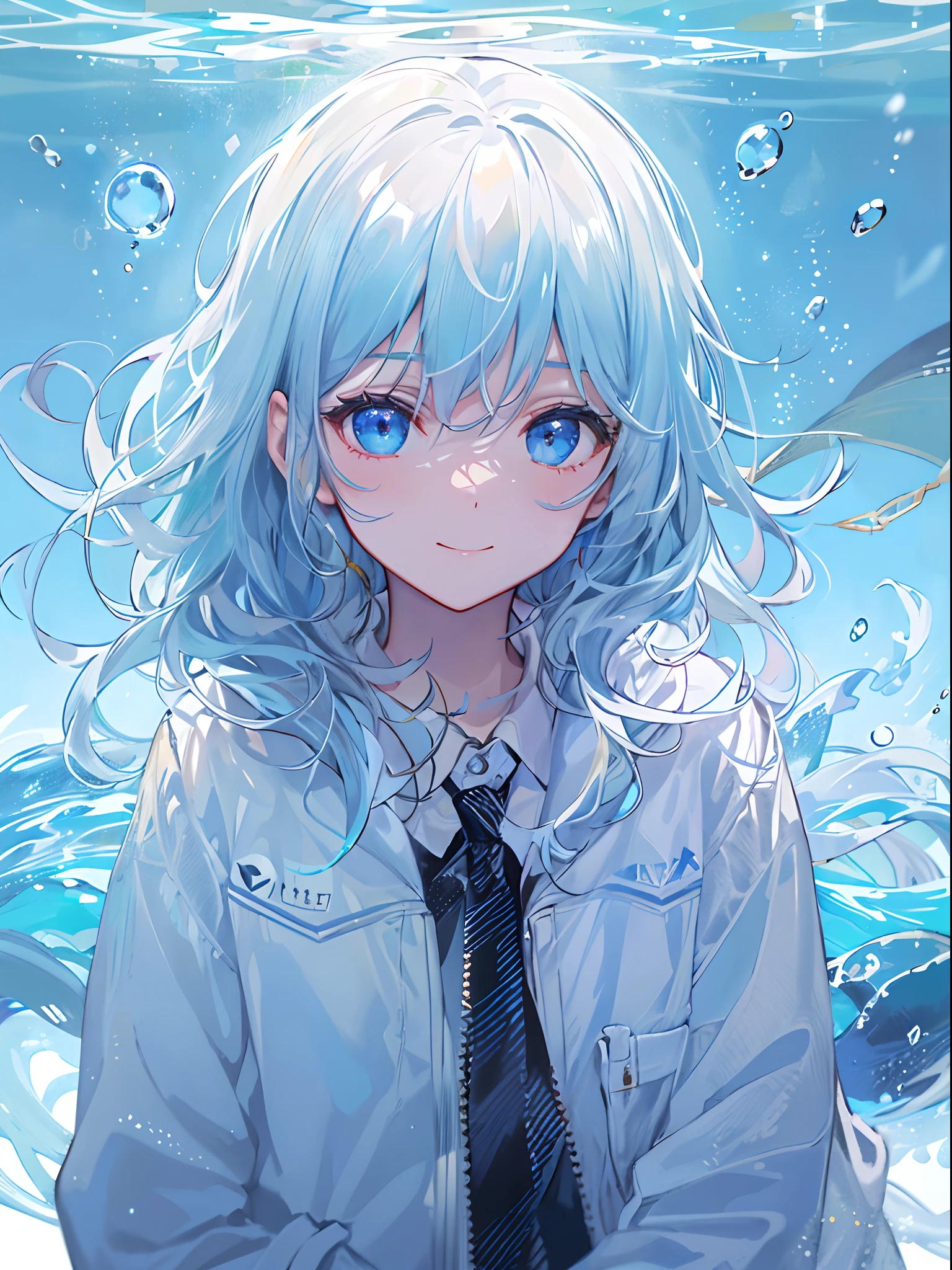 ((top-quality)), ((masterpiece)), ((ultra-detailliert)), (extremely delicate and beautiful), girl with, 独奏, cold attitude,((Black jacket)),She is very(relax)with the(Settled down)Looks,A dark-haired, depth of fields,evil smile,Bubble, under the water, Air bubble,bright light blue eyes,Inner color with light white hair and and light blue tips,Cold background,Bob Hair - Linear Art, shortpants、knee high socks、White uniform like school uniform、Light blue ribbon ties、Clothes are sheer、Hands in pockets、Bright eyes like sapphires,flourescent blue, There was a little blue light floating around、Upper eyes、