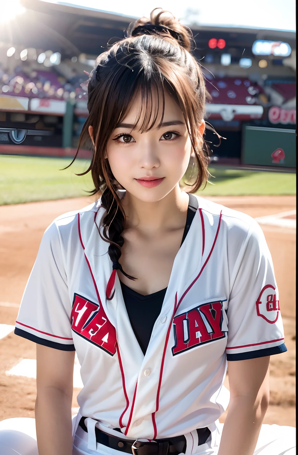 (8K, Raw photo, top-quality, masterpiece: 1.2), masterpiece, super detailing, Ultra-high decomposition energy A, (Realistic and realistic photos: 1.37), high-definition RAW color photography, Very delicate and beautiful., About Igree, 8K Wallpaper, astonishing, detaileds, extremely detailed eye, highlydetailed skin, extremely detailed fingers, highly detailed nose, highly detail mouth, perfect anatomia,1girll, (Baseball Uniforms), hazy, blured background, Blurred foreground, blush, braid, pectoral muscles, depth of fields, eyebrows visible through hair, Frild, hair between eye, Baseball Stadium, jewely,Please wear baseball gloves、 look up at viewer, Short hair, Sitting, Solo, Colossal tits、乃木坂アイドル、韓国アイドル、hposing Gravure Idol、 Star、18year old、tall、韓国アイドル、乃木坂アイドル、 Star、hposing Gravure Idol、((full body Esbian)), ((Gravure Pose))