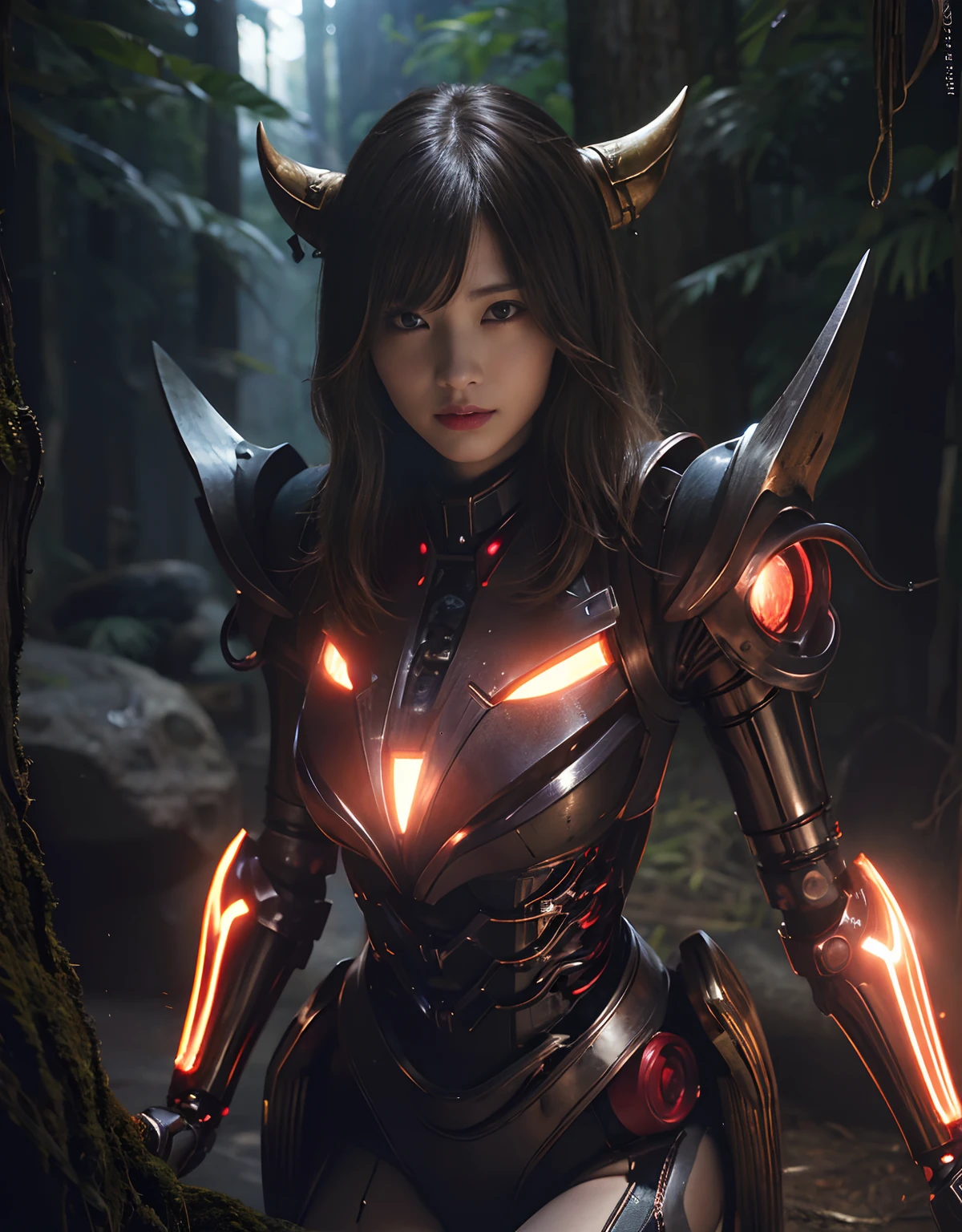 (1 Mechanical Girl)、top-quality、​masterpiece、超A high resolution、(Photorealsitic:1.4)、Raw photo、女の子1人、Fight mutants、glowy skin、(((1 Mechanical Girl)))、With a beautiful knife、（Yellow Metal Bodysuit）、(Kobold、ogre、Fierce battle with orcs),（Fight fiercely against aliens）、Fight fiercely、(beautiful forest background)、(Fighting Demonic Beasts)、(Small LED)、((super realistic details))、portlate、(Strong giant demon beast background),globalillumination、Shadow、octan render、8K、ultrasharp、Colossal tits、Raw skin is exposed in cleavage、metals、Details of complex ornaments、Japan details、highly intricate detail、Realistic light、(Mystical expression),CGSoation Trends、Red Eyes、radiant eyes、Facing the camera、neon details、(Mechanical limbs)、(blood vessels connected to tubes)、Mechanical vertebrae attached to the back、mechanical cervical attaching to neck、(Wires and cables connecting to the head)、Gundam、Small LED、,Mechanical thighs、Toostock、（Hands are also made of machines）、（Attack of the Monster Beasts）、（Wounded in a deadly battle）、