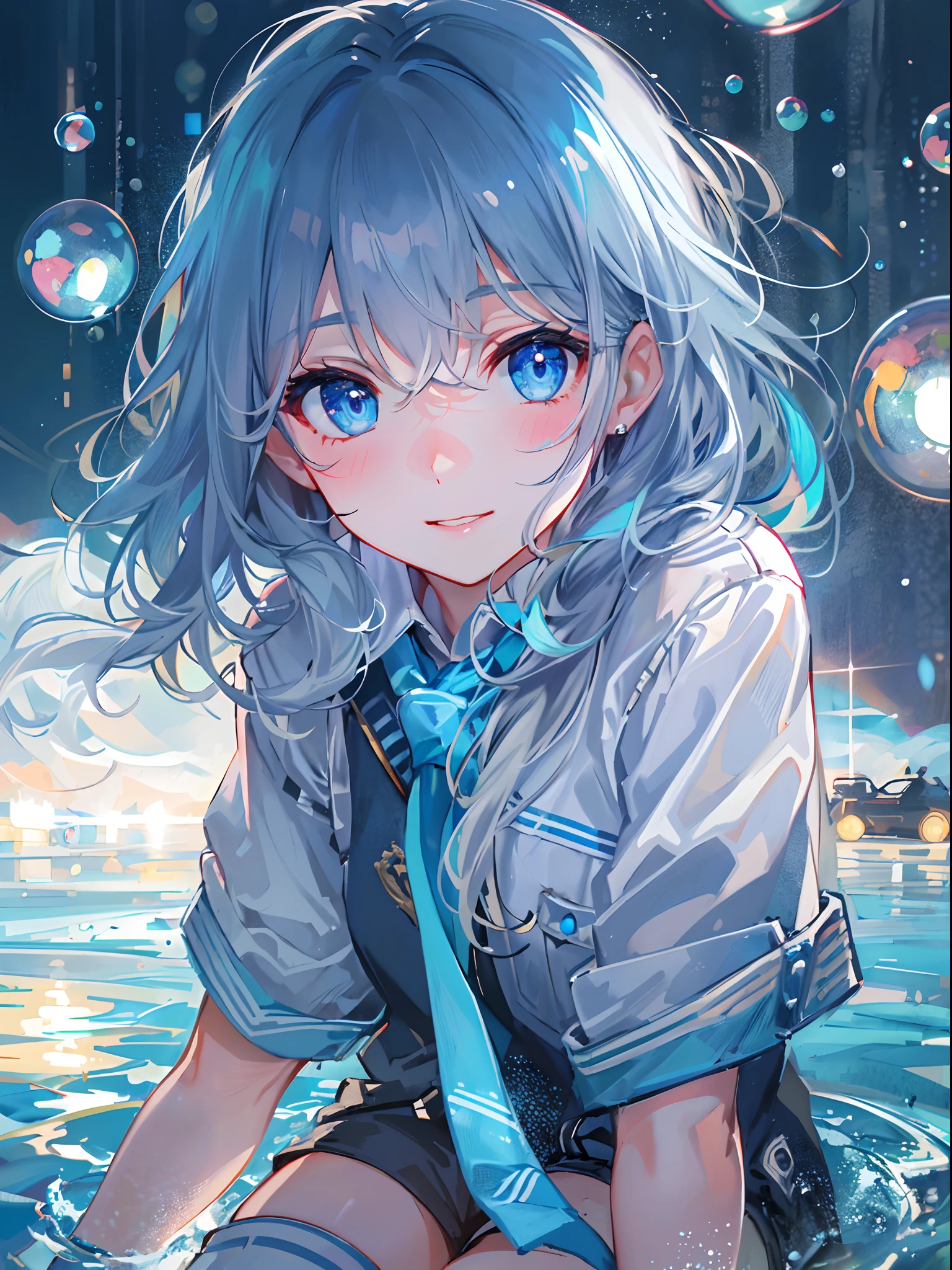 ((top-quality)), ((masterpiece)), ((ultra-detailliert)), (extremely delicate and beautiful), girl with, 独奏, cold attitude,((Black jacket)),She is very(relax)with the(Settled down)Looks,A dark-haired, depth of fields,evil smile,Bubble, under the water, Air bubble,bright light blue eyes,Inner color with light white hair and and light blue tips,Cold background,Bob Hair - Linear Art, shortpants、knee high socks、White uniform like school uniform、Light blue ribbon ties、Clothes are sheer、Hands in pockets、Bright eyes like sapphires,flourescent blue, There was a little blue light floating around、Upper eyes、
