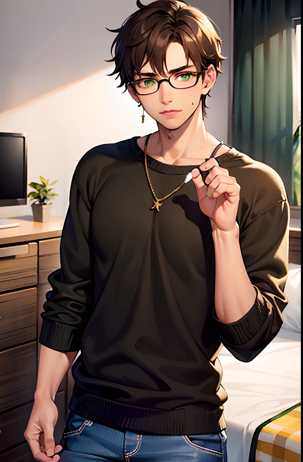 1man in his 20's. brown hair. green eyes. Medium tanned skin. lots of freckles, glasses. Fluffy dark brown hair, pierced ears. Strong looking. Wearing modern style clothes. In a bedroom. Relaxed expression. Masculine. Slightly flirty. Wearing stud earrings, a loose brown sweater, and black sweatpants.