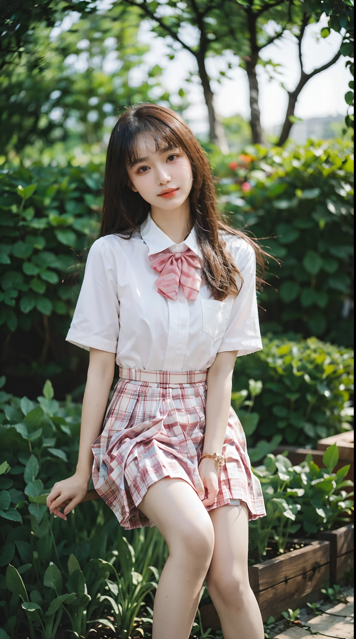 (Best quality,4K,8K,A high resolution,Masterpiece:1.2), Ultra-detailed,photo-realistic:1.37,Film style,Beautiful detailed eyes, beautiful detailed lips, Extremely detailed eyes and face, Young and cute Korean face, Korean facial features, wavy and long hair, Long eyelashes, 1girll, Garden background,pink flower,rosette, Portrait, Vibrant colors, Soft lighting, fine brush strokes, White JK shirt, Pink JK skirt, Pink JK bow tie, full body shot of, Long legs,Shoot above the knee, Close-up portrait.