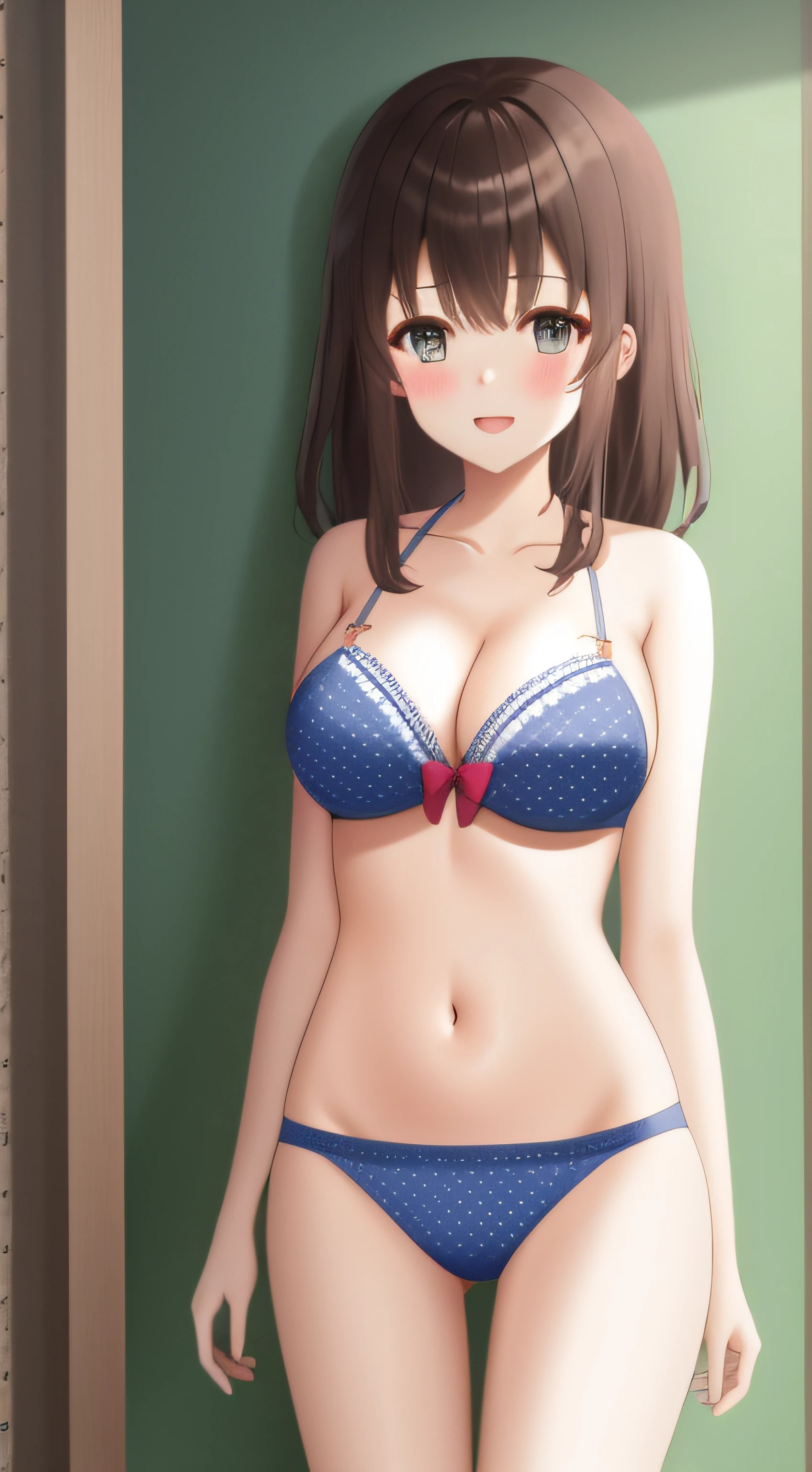 1girll, Breasts, Shooting _Fu Meixiang, Curta_Hair, Solo,  brown haired girls, Blue_Eyes, cleavage, Large_Breasts, Blush, shairband, Looking_at_peeping at the viewer, Open_Mouth, Smile, underwear, Hair_between_Eyes, 鎖骨, Bare_bshoulders, Bra, Bikini, swimsuit, bangs, Off_Shoulder, bow, polka_points, navel,