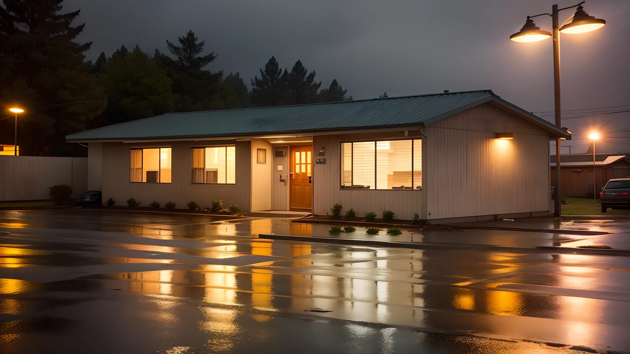 an image of a simple one-story roadside motel on a rainy night. The motel should have a classic, retro appearance with a single long building. In the parking lot, I'd like to see a truck parked near the motel rooms, with raindrops glistening on its surface. The rain should be falling gently, and the surroundings should be dimly lit by the motel's outdoor lights and the soft glow from the motel room windows. The overall scene should convey a sense of peacefulness amidst the tranquil rain.