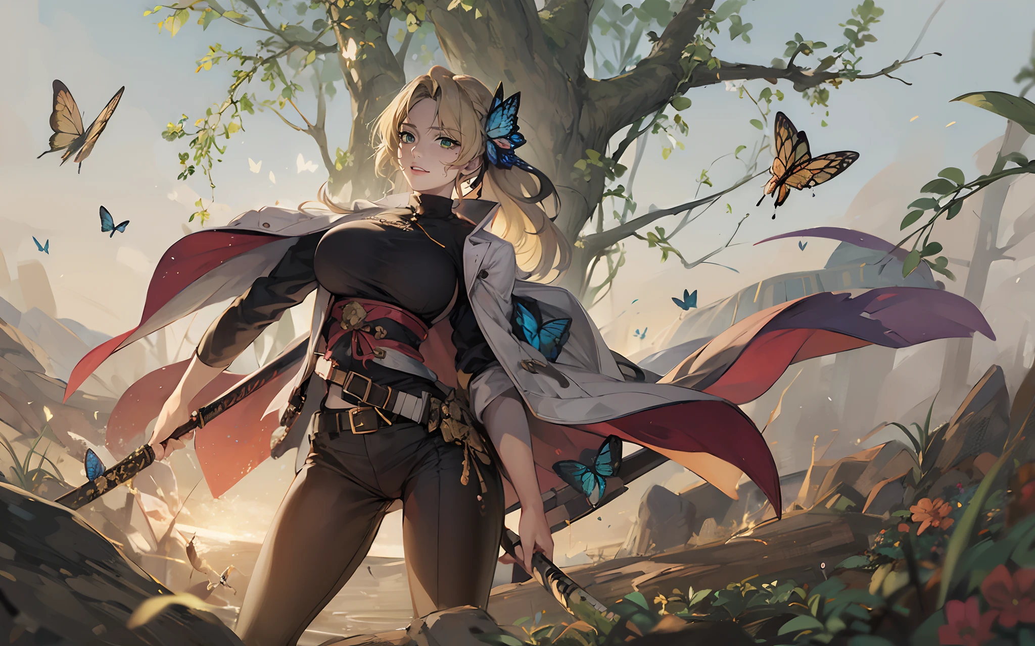 (blonde hair:1.4), detailed background, butterfly, insect, bug, blue_butterfly, butterfly_hair_ornament,1girl, belt, animal_print, torn_clothes, haori, butterfly_print, katana, solo, breasts, japanese_clothes, wide_sleeves, long_sleeves, pants, black_pants, looking_at_viewer, flower, lips, coat, jacket, sheath, uniform, black_legwear, large_breasts, water