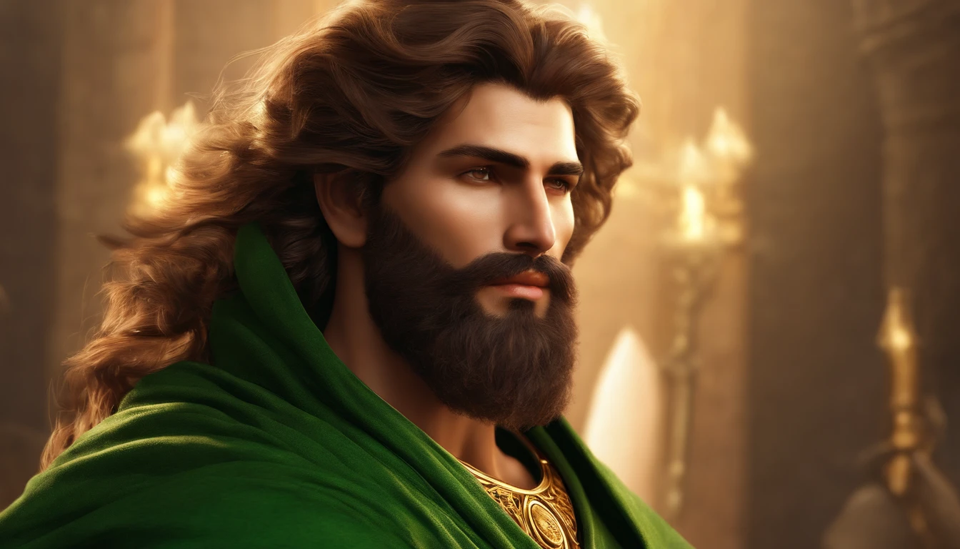 Digital realistic front pose looking image of a most attractive sun god, age 30, face fair, very attractive, handsome, romantic , wisdom full attractive mesmerizing divine eyes looking in front pose, sharp nose, smiling lips , have long loose golden hairs. Good looking beard , Body appearance elegant, stout, masculine, dynamic, looks mighty like a handsome greek god,  wears a green robe, detailed realistic looking avatar.