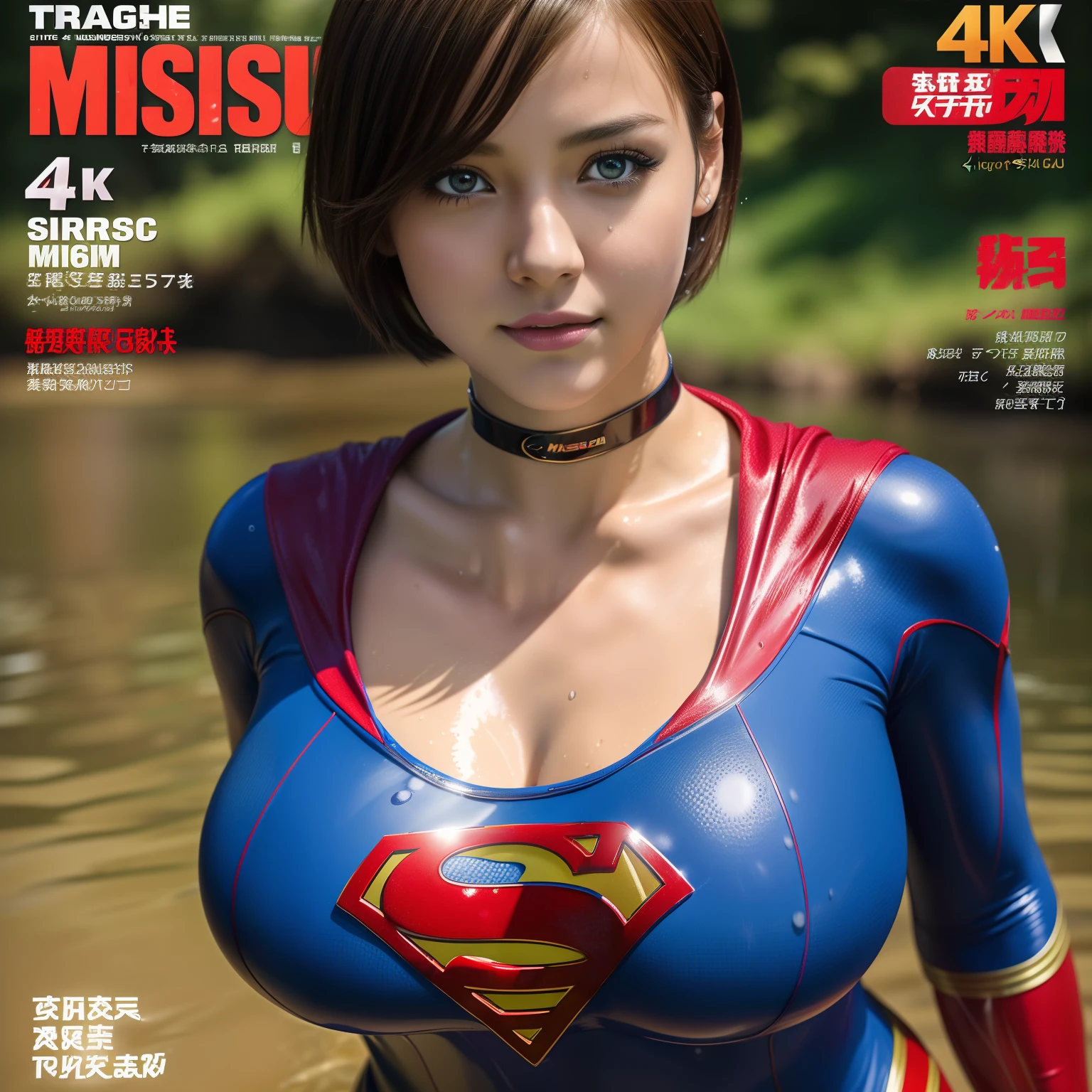 (Best Quality,4K,8K,hight resolution,masutepiece:1.2),Ultra-detailed,Realistic:1.37,Super masterpiece,Short-haired Supergirl swimming in a quagmire、large full breasts、Looking at the camera、Glossy costume、a choker、Covered in mud、Weekly magazine cover、Splattering droplets