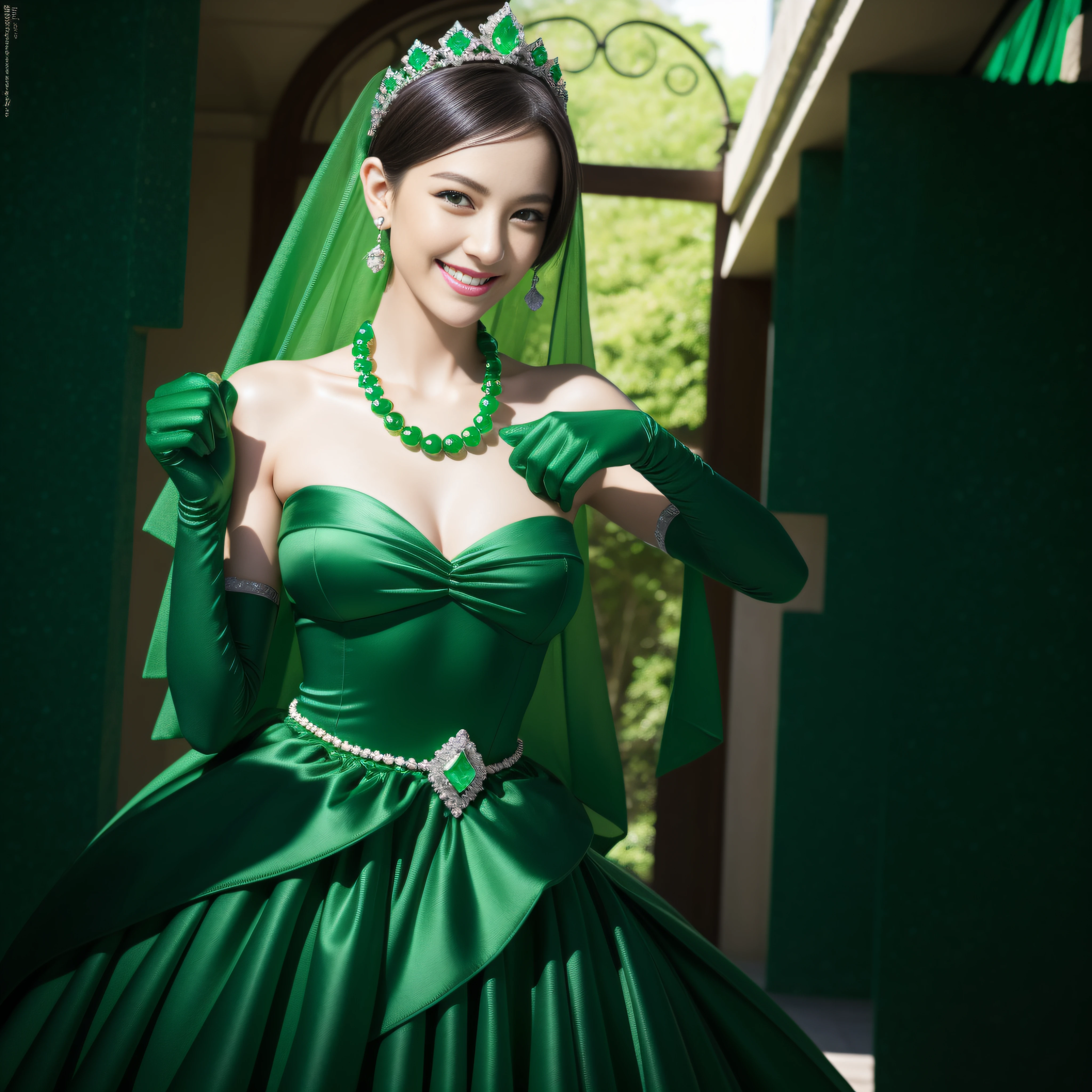 emerald tiara, Green Pearl Necklace, Boyish very short green hair, lipsticks, Japan woman smiling, very short short hair, big breasts beautiful, Green eyes, Long green gloves made of satin material, Green eyes, Emerald Earrings, Green dress