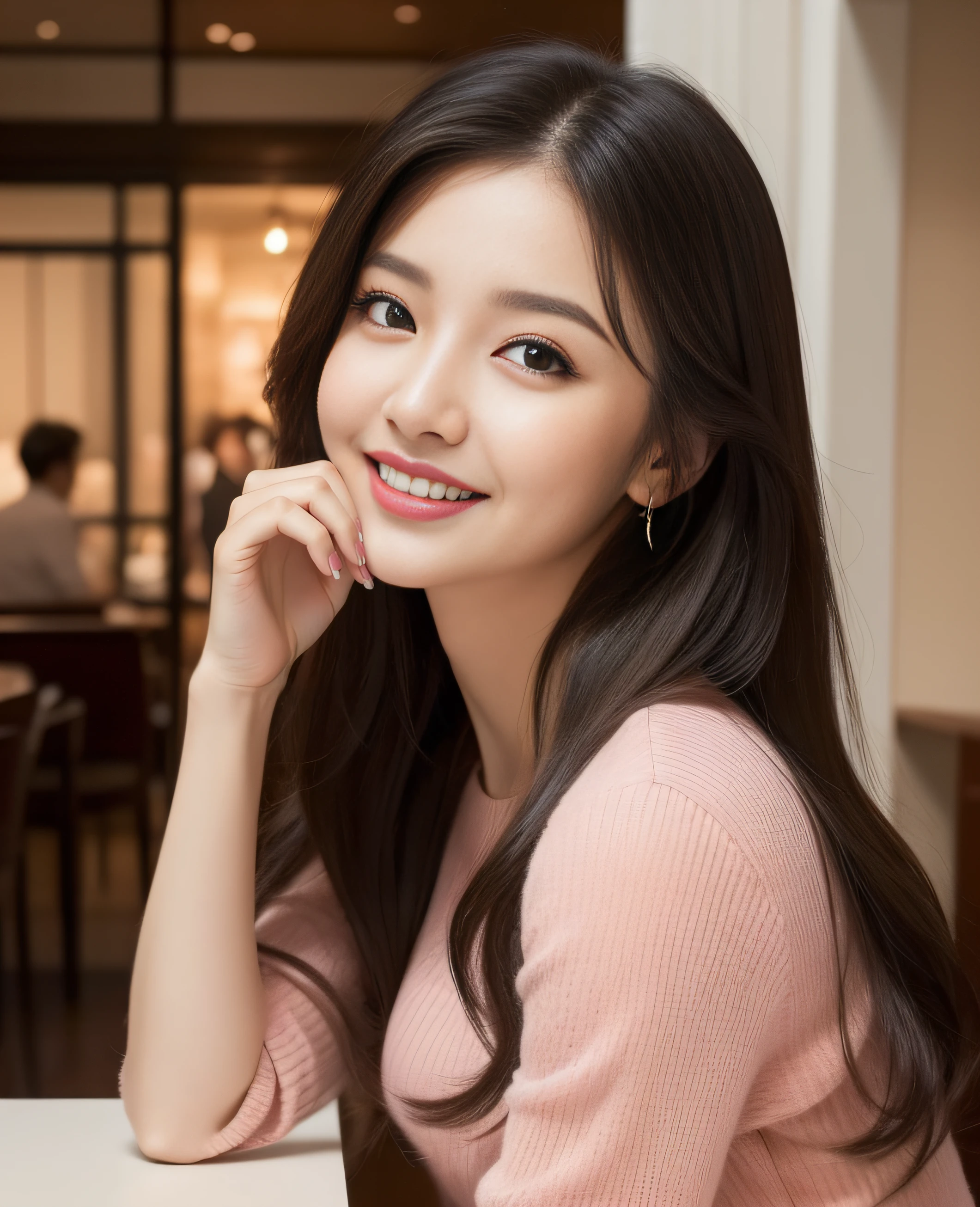 ((Top quality, 8K, Masterpiece: 1.3)), Beautiful girl, Pure, Melon face, Kind and cute, Sweet smile, Pure desire, Slender body, (Front), (Tilted head), ((Looking at camera) ), wearing a raspberry ripple colored suit, black silky long hair, long flowing shoulders, round black big eyes, clear big eyes, moist red lips, sweet, sitting on a chair, cafe background ,(((waist shot))),,