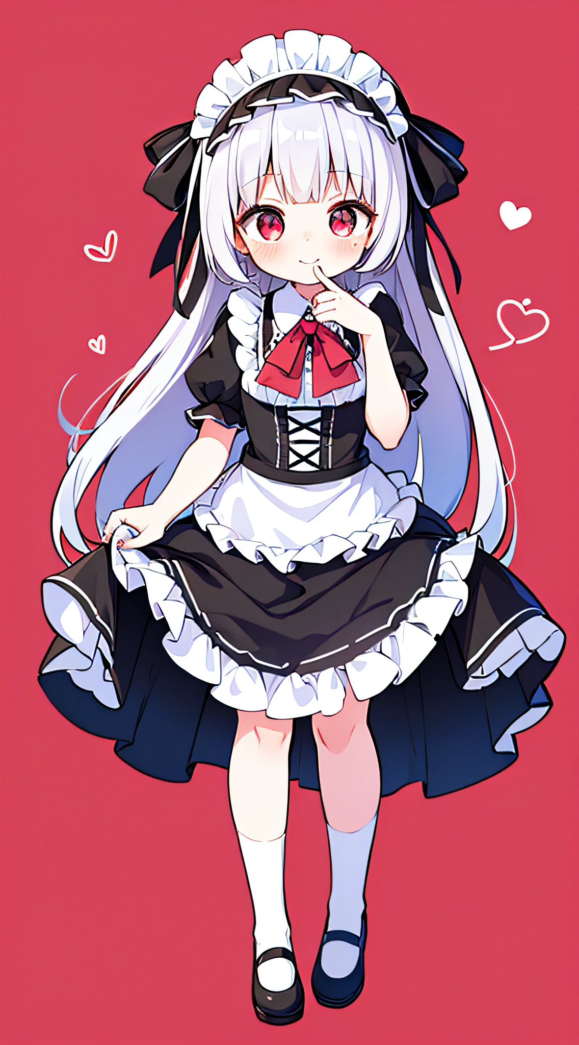 8K picture quality，silber hair,Red-eyed girl,cute little ,Long hair,Heartwarming,a miniskirt,****ta,A smile,Thumbnail styles，maid clothes，fluffly，full body Esbian,Embarrassed expression,Pink cloud background