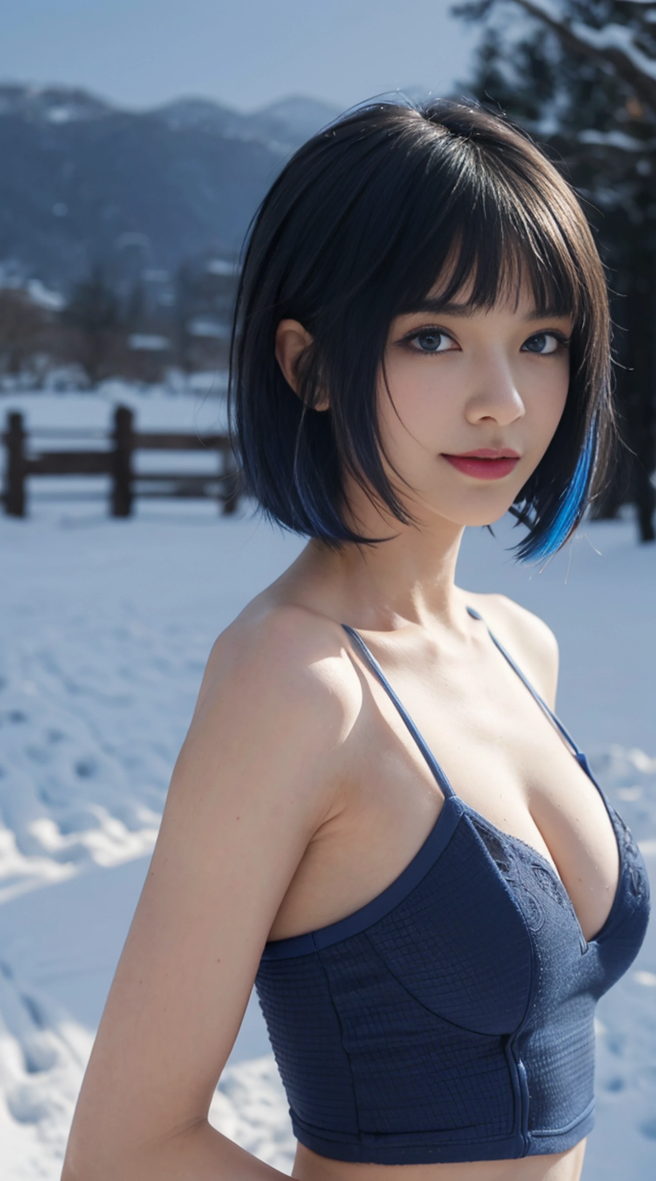 8K, Top Quality, Intricate Details, Ultra Detail, Ultra High Resolution, Masterpiece, random angle, Slender, Smile, (Makeup: 0.4), (Fluffy Blue Eyes: 1.21), blue Eyes, looking at viewer, ((full body)), 1girl, solo, 1 girl, (( full body)), close up shot, , ((tall)), (((fit body))), (((slim face))), sharp face, sharp eyes, (((blue hair, short hair, bangs )) , (detailed face), sharp face, small lips,
(( )), ((, battlesuit )), detailed face, detailed breast, , large breast, detail ass, , Beautiful girl with accentuated slender abs: 1.4, Six Pack Abs: 1.4, Bust Botox, Big, Perfect Body, detail leg, (( moonlight)), in the snow