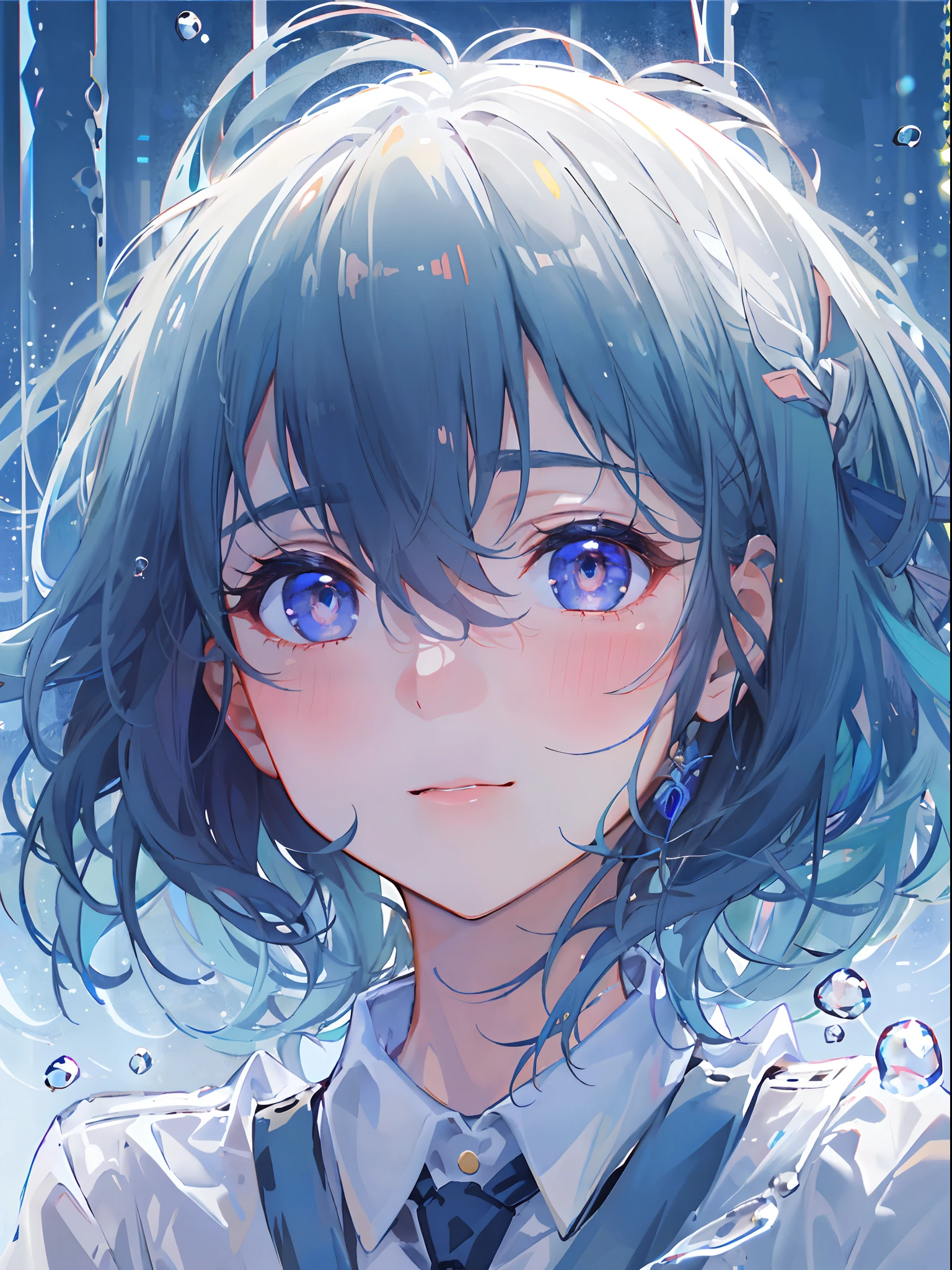 ((top-quality)), ((​masterpiece)), ((ultra-detailliert)), (extremely delicate and beautiful), girl with, 独奏, cold attitude,((Black jacket)),She is very(relax)with  the(Settled down)Looks,A dark-haired, depth of fields,evil smile,Bubble, under the water, Air bubble,bright light blue eyes,Inner color with light blue hair and dark blue tips,Cold background,Bob Hair - Linear Art, shortpants、knee high socks、White uniform like school uniform、Light blue ribbon ties、Clothes are sheer、Hands in pockets