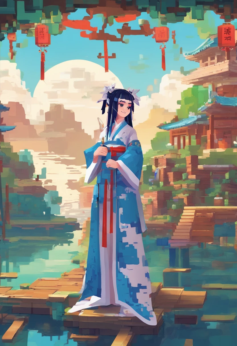 tmasterpiece,best qualtiy,offcial art,8k wallpaper,The is very detailed,illustratio,ung girl,sky-bluehair,long whitr hair,Detailed eyes,Forrest gump,exposed bare shoulders,鎖骨,upper legs,Feet reach out to the audience,Hanfu,lakes,Pure,softl smile,bamboos,teas