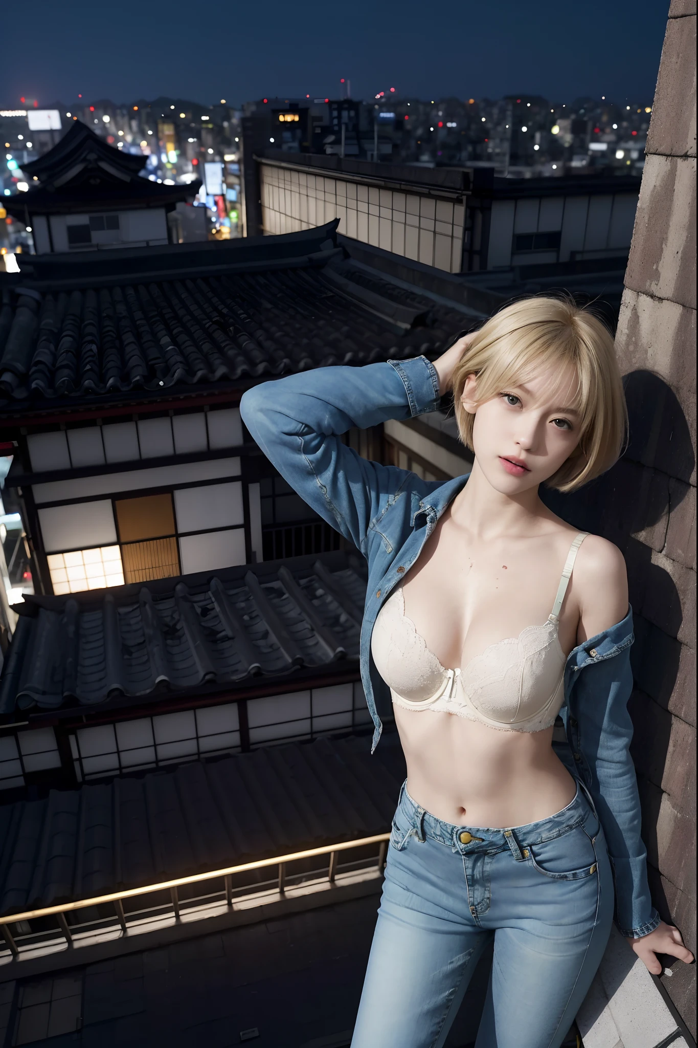 raw ((Portrait)), (Best Quality), (Realistic, Photorealsitic:1.3), Best Quality ,masutepiece, extremely delicate and beautiful, Extremely detailed ,nffsw ,Unity , 2k wallpaper, amazing, finely detail, masutepiece, Best Quality, Highly detailed ticker Unity 8k wallpaper, huge filesize , Ultra-detailed, hight resolution, Extremely detailed, Strong winds are blowing, bangss, ((a blond)), ((Short bob hair)), (((japanes))), (((bra very))),(((Slimed))), (((Skinny Denim))), (((On the roof of a building))), (((city night scene))),
(((1 girl in))) , Japanese, 年轻, ear, Dynamic Pose, dynamic ungle, (()), (Hair blown in the wind),