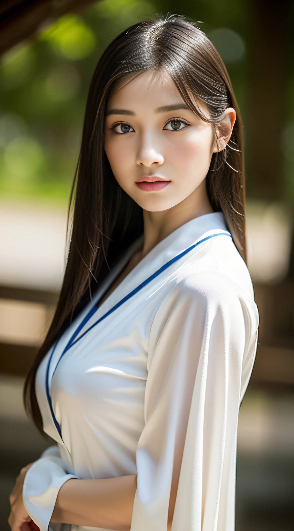 (Best Quality,8K,High resolution:1.2),(Beautiful Realistic Asians:1.4)、(cute Japanese girls:1.4),(Huge breasts:1.20),(Glamorous)、Beautiful、夏天、High school students、17 age、high-school uniform、Wagas、during the day、Professional、