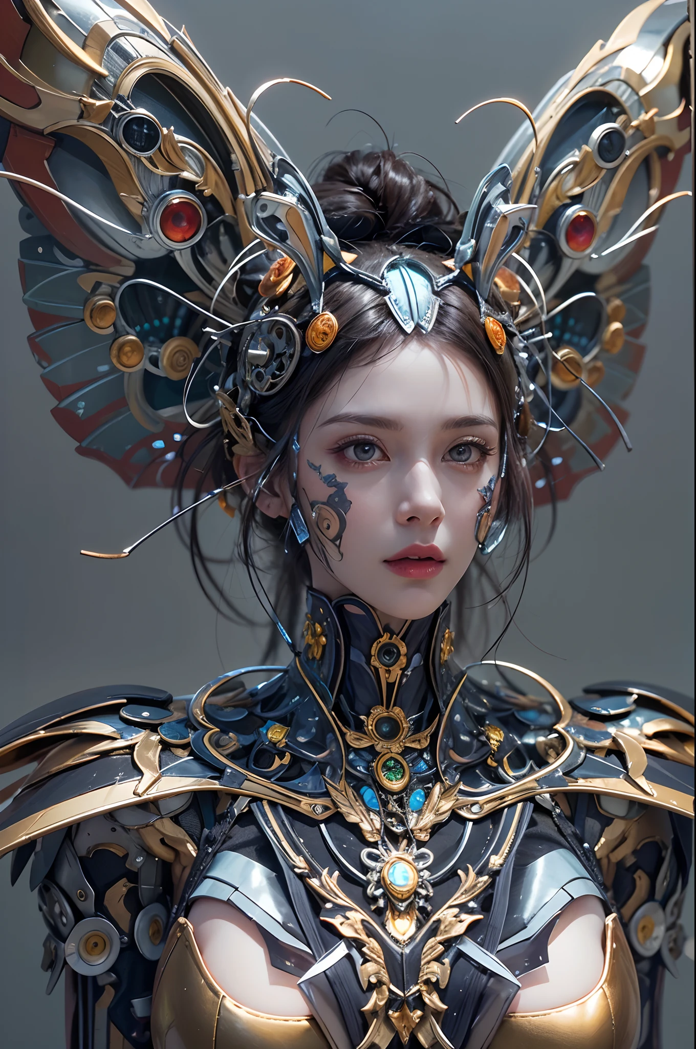 wide wide shot，(Best quality,4K,8K,A high resolution,Masterpiece:1.2),Ultra-detailed,(Realistic,Photorealistic,photo-realistic:1.37),Mechanical Woman，Huge butterfly wings,Shiny metal skin,Rabbit ears，(Mechanical body,Mechanical limb),high-heels。nigth,(facing at camera)，standing on top of a mountain。Vibrant colors。Science fiction art style.