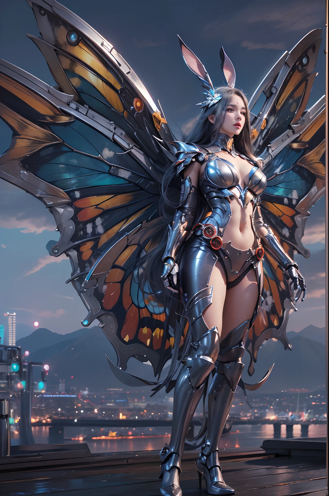 wide wide shot,(Best quality,4K,8K,A high resolution,Masterpiece:1.2),Ultra-detailed,(Realistic,Photorealistic,photo-realistic:1.37),Mechanical Woman,Huge butterfly wings,Shiny metal skin,Rabbit ears,(Mechanical body,Mechanical limb),high-heels。nigth,(facing at camera),standing on top of a mountain。Vibrant colors。Science fiction art style.