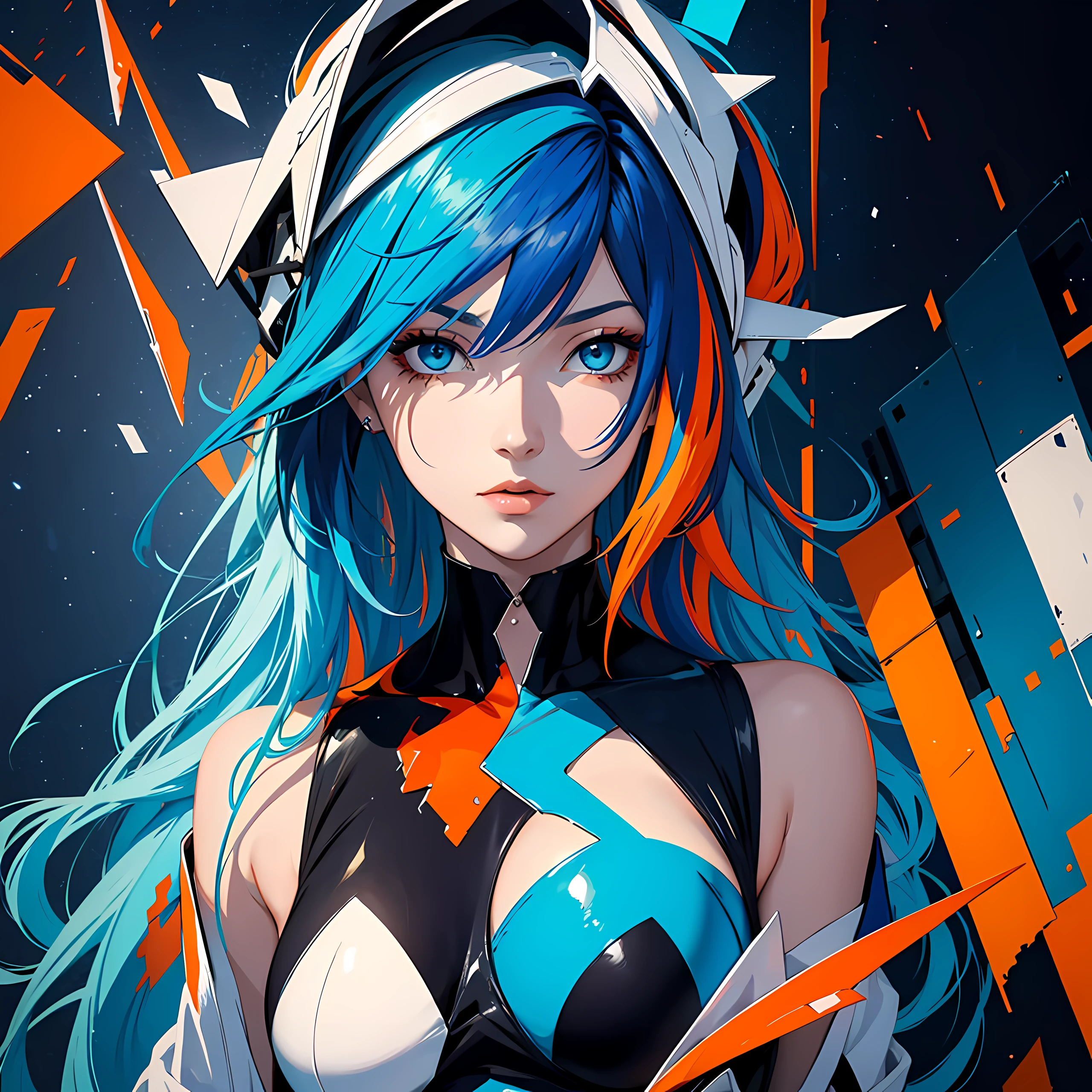 color painting of a woman with colorful hair and eyes, in the style of cubist shattered planes, realistic color palette, i can't believe how beautiful this is, light sky-blue and dark orange, elegant, emotive faces, color splash, hard edge painting