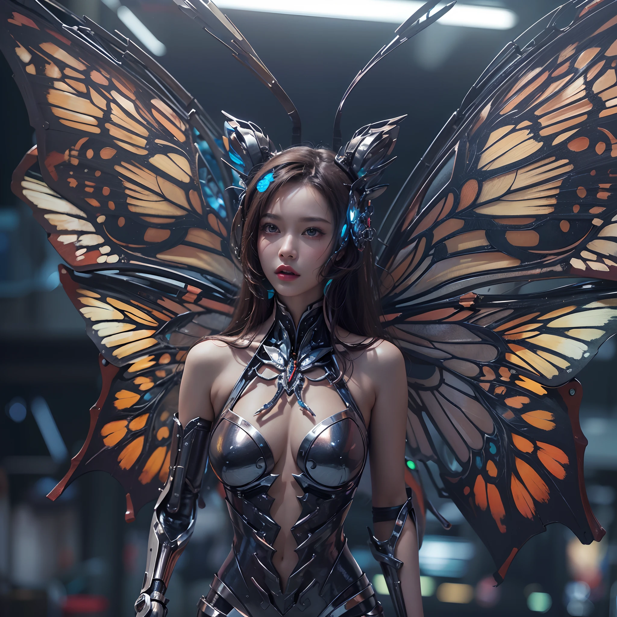 wide wide shot,(Best quality,4K,8K,A high resolution,Masterpiece:1.2),Ultra-detailed,(Realistic,Photorealistic,photo-realistic:1.37),Mechanical Woman,Huge butterfly wings,Shiny metal skin,Rabbit ears,(Mechanical body,Mechanical limb),high-heels。nigth,(facing at camera),standing on top of a mountain。Vibrant colors。Science fiction art style.