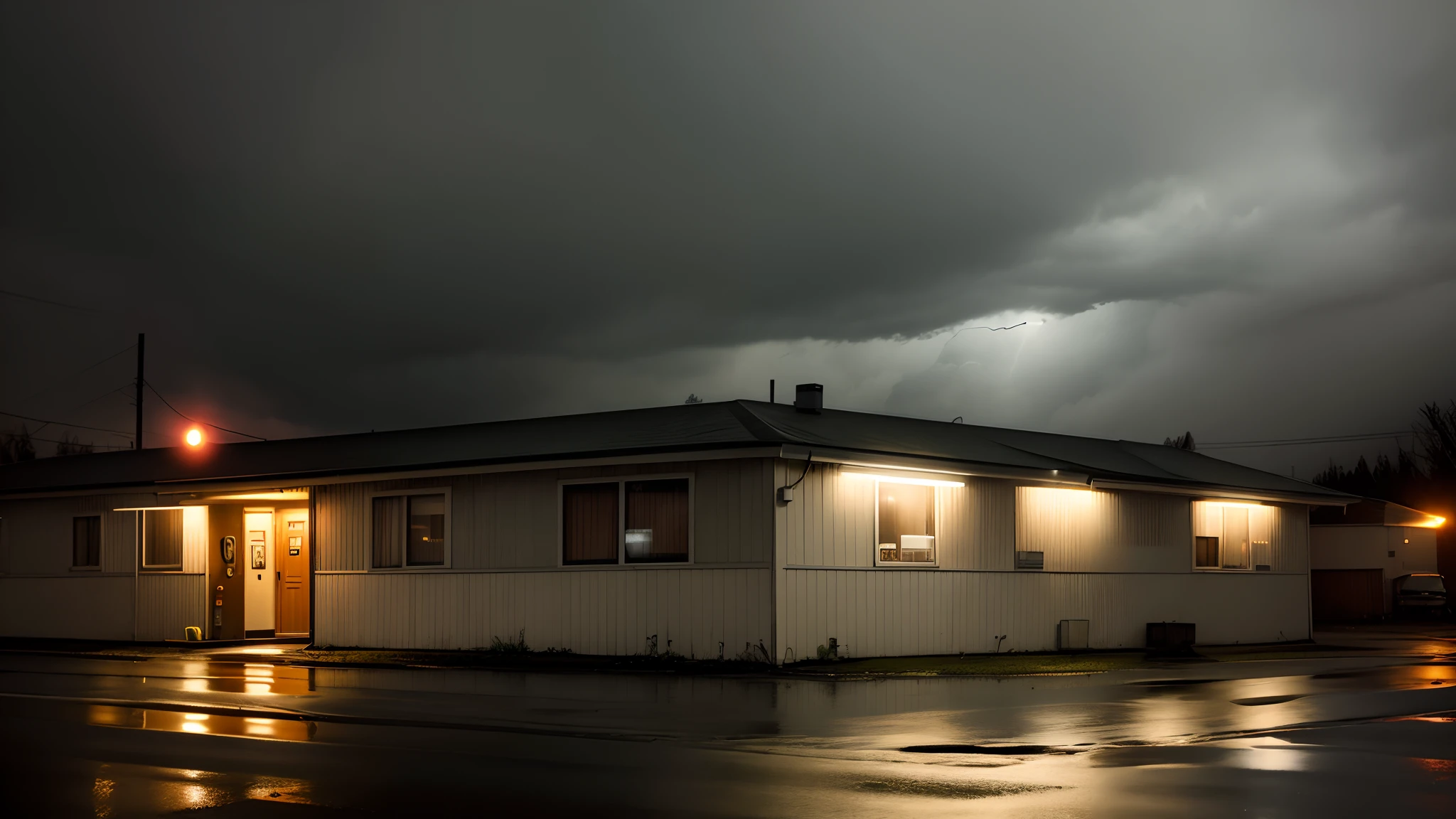 an image of a sinister, one-story roadside motel on a stormy and rainy night. The motel should have a dilapidated and eerie appearance with a single long building, and the paint on the motel sign should be peeling. In the parking lot, I'd like to see a rusty, abandoned truck parked near the motel rooms, with rain pouring down heavily. The surroundings should be dimly lit by flickering, malfunctioning outdoor lights, casting eerie shadows. The motel room windows should have a faint, ghostly glow, and the overall scene should convey a sense of foreboding and unease.