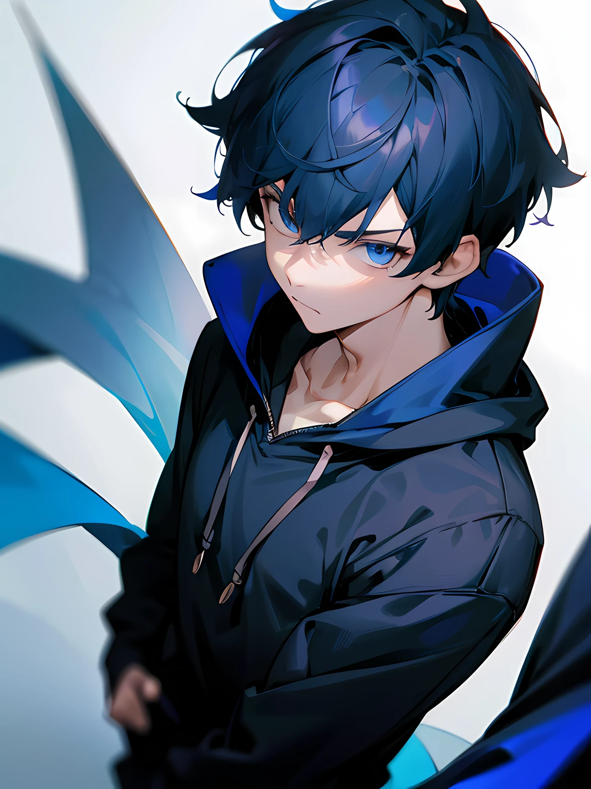 1boy, short dark blue hair, dark blue eyes, wearing a dark blue hoodie, serious, upper body shot, absurdres, high res, ultrasharp, 8k, masterpiece