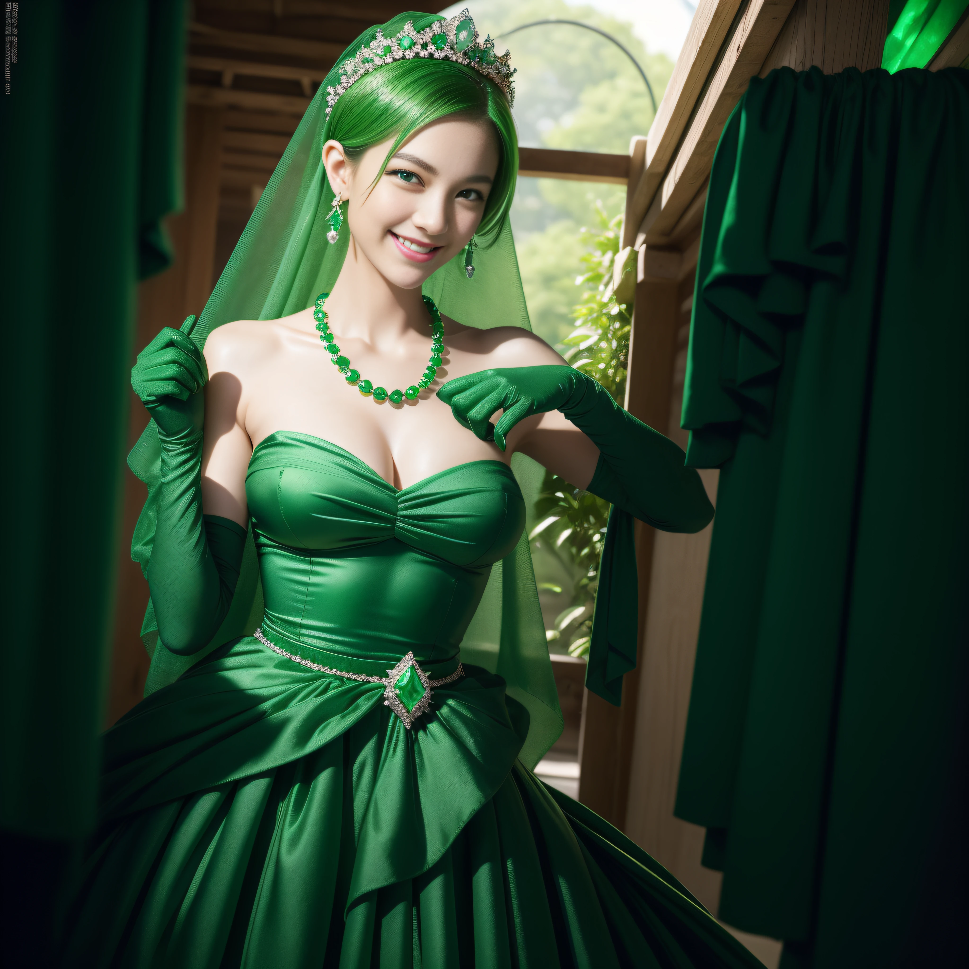 emerald tiara, Green Pearl Necklace, Boyish very short green hair, lipsticks, Japan woman smiling, very short short hair, big breasts beautiful, Green eyes, Long green gloves made of satin material, Green eyes, Emerald Earrings, Green dress