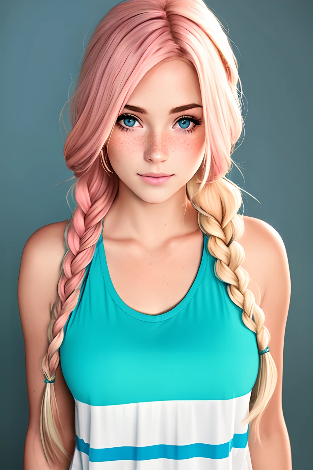 Young adult with blonde and pink hair, long hair in a braid,she has freckles, she has scars on her face, she’s wearing a blue tank top