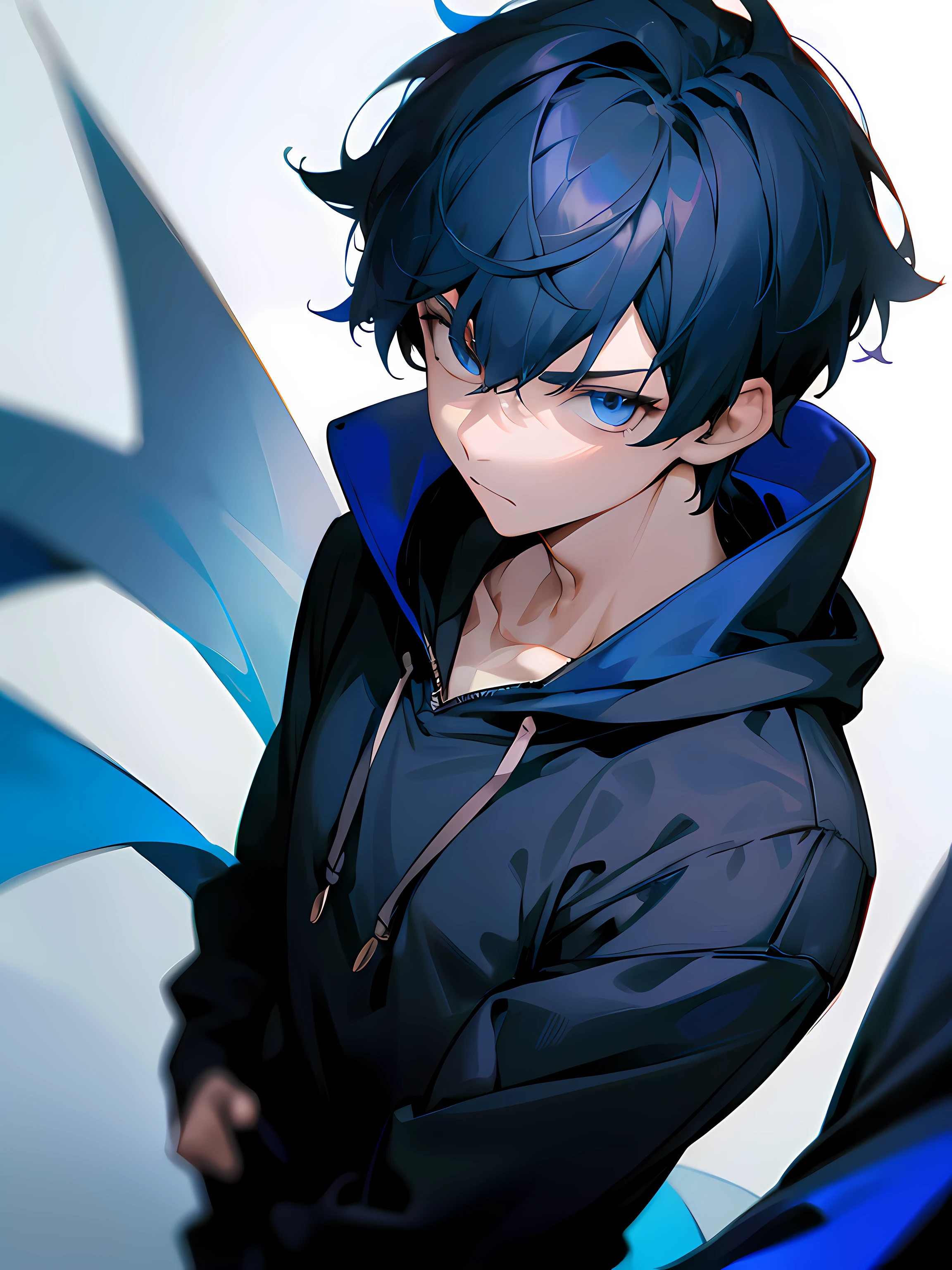 1boy, short dark blue hair, dark blue eyes, wearing a dark blue hoodie, serious, upper body shot, absurdres, high res, ultrasharp, 8k, masterpiece