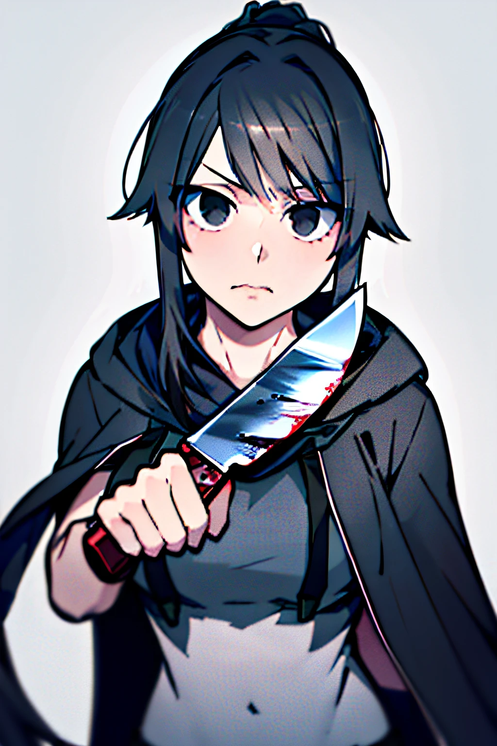 (absurdres, 8k, 4k, masterpiece, hyper extreme detailed:1.2), solo, 1girl, front view, perfect face, 1girl, portrait, looking at viewer, solo, standing, Female, Mature Female, expressive eyes, perfect face, black hair, black cloak, blood, blood stain, 1girl, ayano, black_hair, ponytail, full body, perfect anatomy, expressionless, emotionless, dead eyes, grim, grimace, black eyes, hood, medium bust, adult, standing, straight hair, pale, black skirt, thigh boots, black boots, full body, hood, hooded, black cloak, long skirt, very long hair, black scarf, hoodie, black hoodie, skirt, knife, yandere, holding knife, knife_thigh_strap,