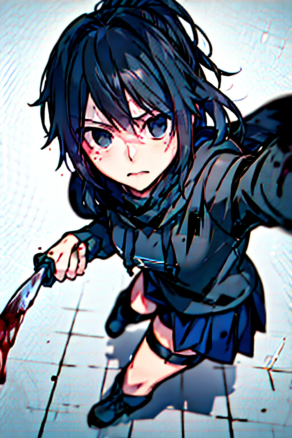 (absurdres, 8k, 4k, masterpiece, hyper extreme detailed:1.2), solo, 1girl, front view, perfect face, 1girl, portrait, looking at viewer, solo, standing, Female, Mature Female, expressive eyes, perfect face, black hair, blood, blood stain, 1girl, ayano, black_hair, ponytail, full body, perfect anatomy, expressionless, emotionless, dead eyes, grim, grimace, black eyes, medium bust, adult, standing, straight hair, pale, black skirt, black boots, full body, long hair, black scarf, hoodie, black hoodie, knife, yandere, knife_thigh_strap, poses, combat, fight, blue sky, sun, city background