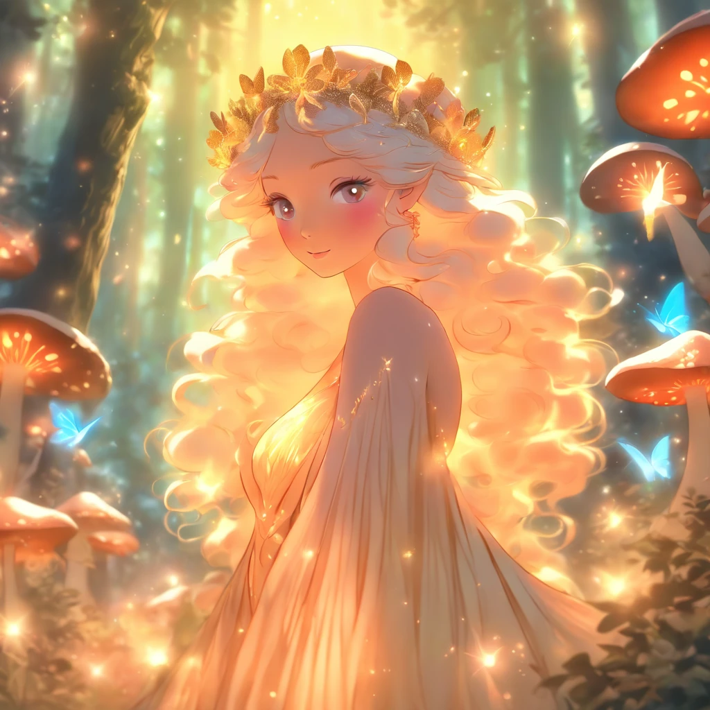 (best quality,ultra-detailed),mushroom forest queen goddess,ethereal,enchanted forest,beautiful detailed eyes,beautiful detailed lips,flowing gown,graceful pose,fairy wings,halo of light,magical crown,glowing mushrooms,whispering trees,mystical atmosphere,soft sunlight filtering through leaves,dreamlike colors,fantasy art,whimsical,mythical,otherworldly,lush vegetation,serene expression,alluring presence,harmony with nature,dancing with butterflies,luminous glow,transcendent beauty,majestic presence,enchanted beings,ethereal glow,tranquil aura,peaceful ambiance