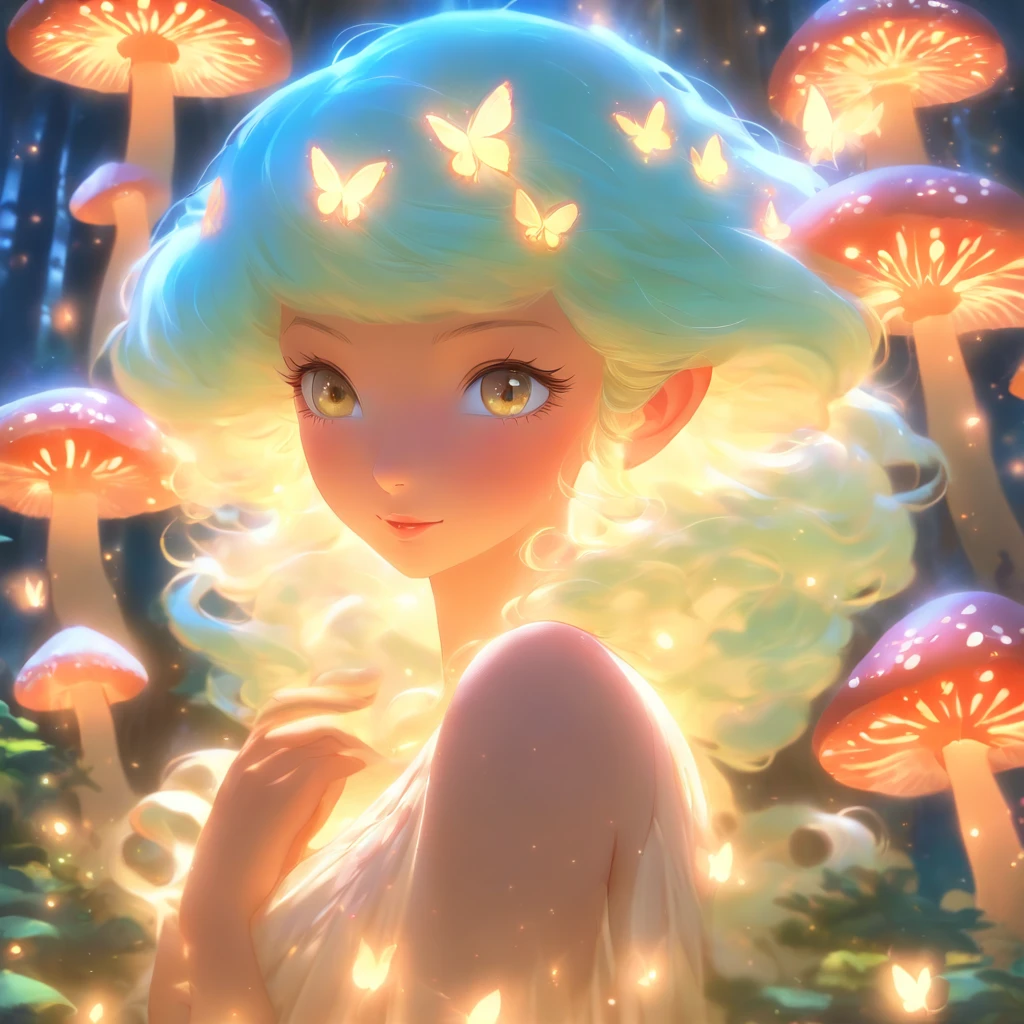 (best quality,ultra-detailed),mushroom forest queen goddess,ethereal,enchanted forest,beautiful detailed eyes,beautiful detailed lips,flowing gown,graceful pose,fairy wings,halo of light,magical crown,glowing mushrooms,whispering trees,mystical atmosphere,soft sunlight filtering through leaves,dreamlike colors,fantasy art,whimsical,mythical,otherworldly,lush vegetation,serene expression,alluring presence,harmony with nature,dancing with butterflies,luminous glow,transcendent beauty,majestic presence,enchanted beings,ethereal glow,tranquil aura,peaceful ambiance