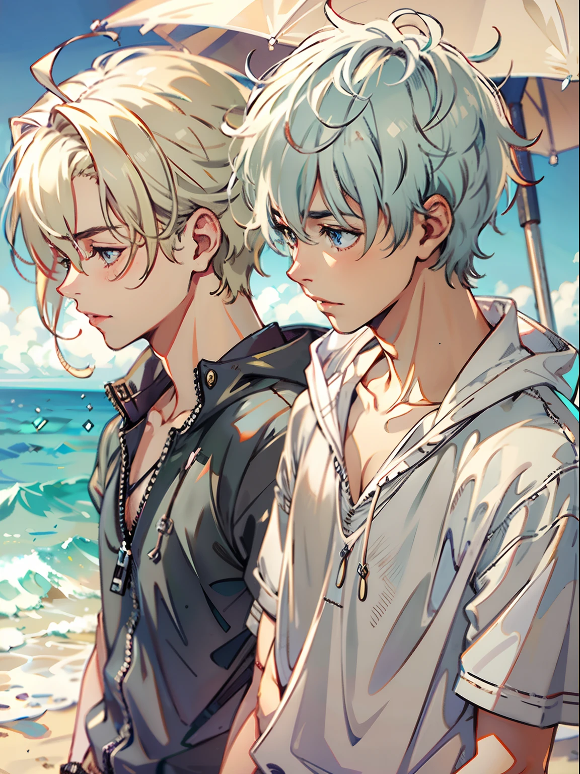 2boys,13 only、(Man's :2) ,Handsome boy,silber hair、a blond、fullnude、chum、Twilight,sand beach、Natural lighting、hightquality、masutepiece,8K,NSFW,