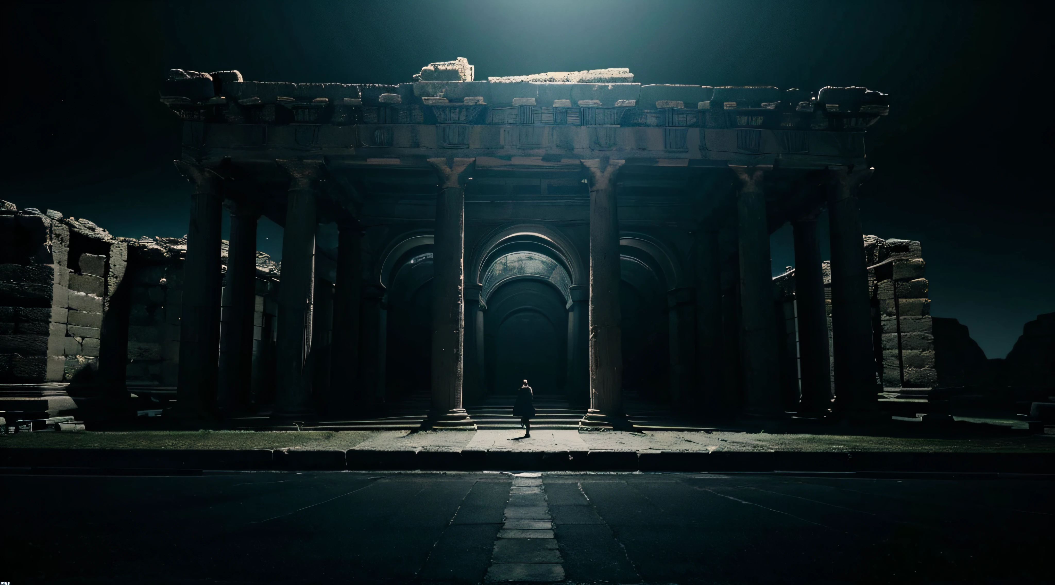 Ultradetailed landscape portrait, roman temple, dark cinematic, black gradient background, lots of things happening in the background, to be used as background, 8k, best quality, photorealistic, hyperrealistic, UHD portrait