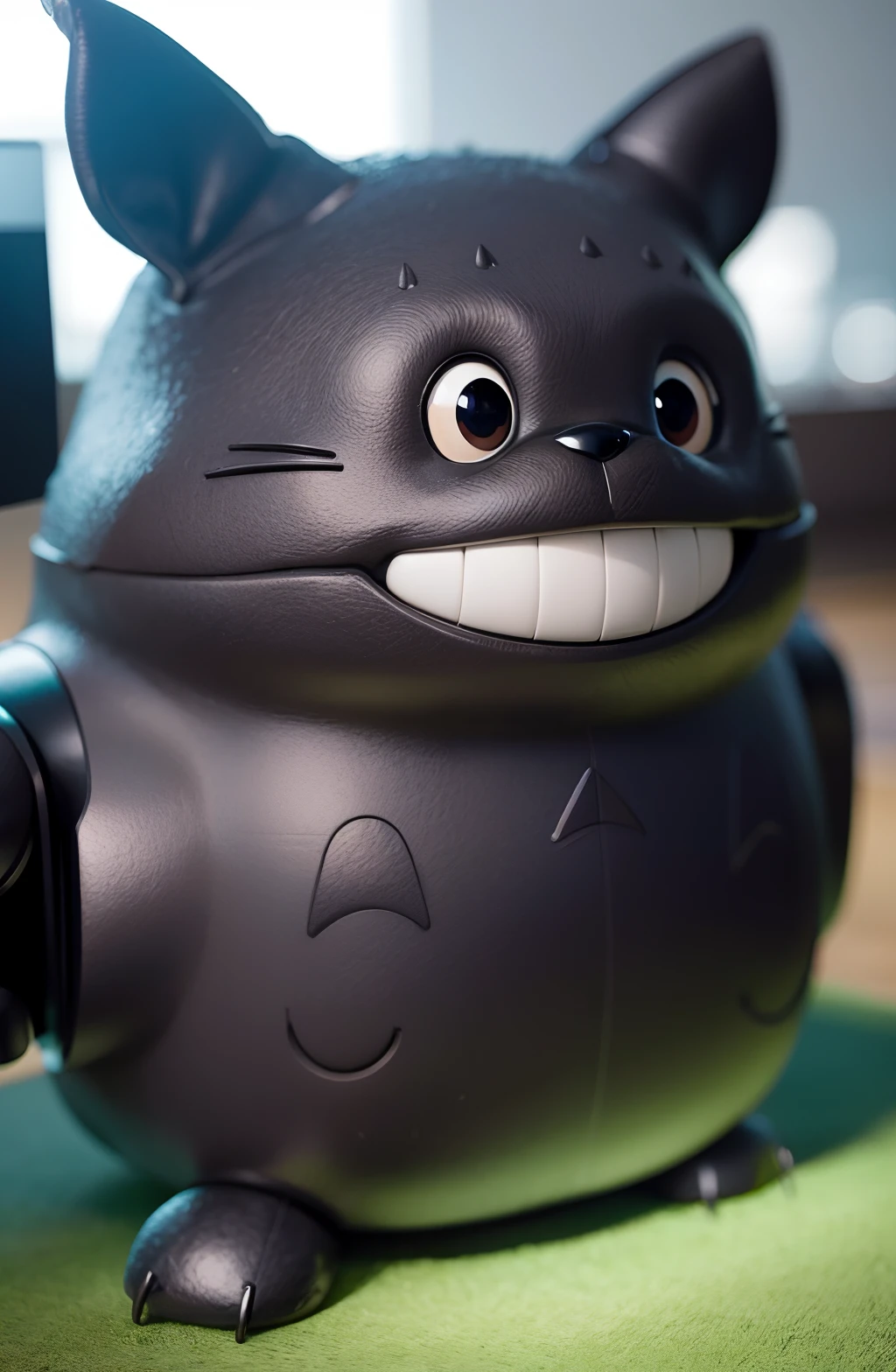 Totoro hybrid robot, close up ,hyper realistic, real fur,4k, top quality, high resolution, masterpiece, 3d render , cyberpunk, techno, futuristic,