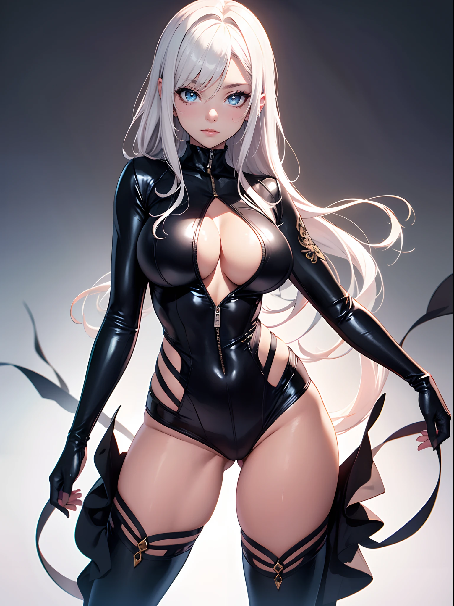 Woman in straddling pose, (1 adult female, Solo:1.1), Draw only one woman, Shiro Masamune's style, beautidful eyes, Draw detailed eyes, Detailed depiction of hair, large boob, big butts, hiquality, hight resolution, ultra-detailliert, high-level image quality, hightquality, in 8K, The skin is shiny, Center, Precise human body structure, Scientific background, and draw the full body, Black costume, Vibrant colors, Enamel Art, Sexy costume, Ahegao