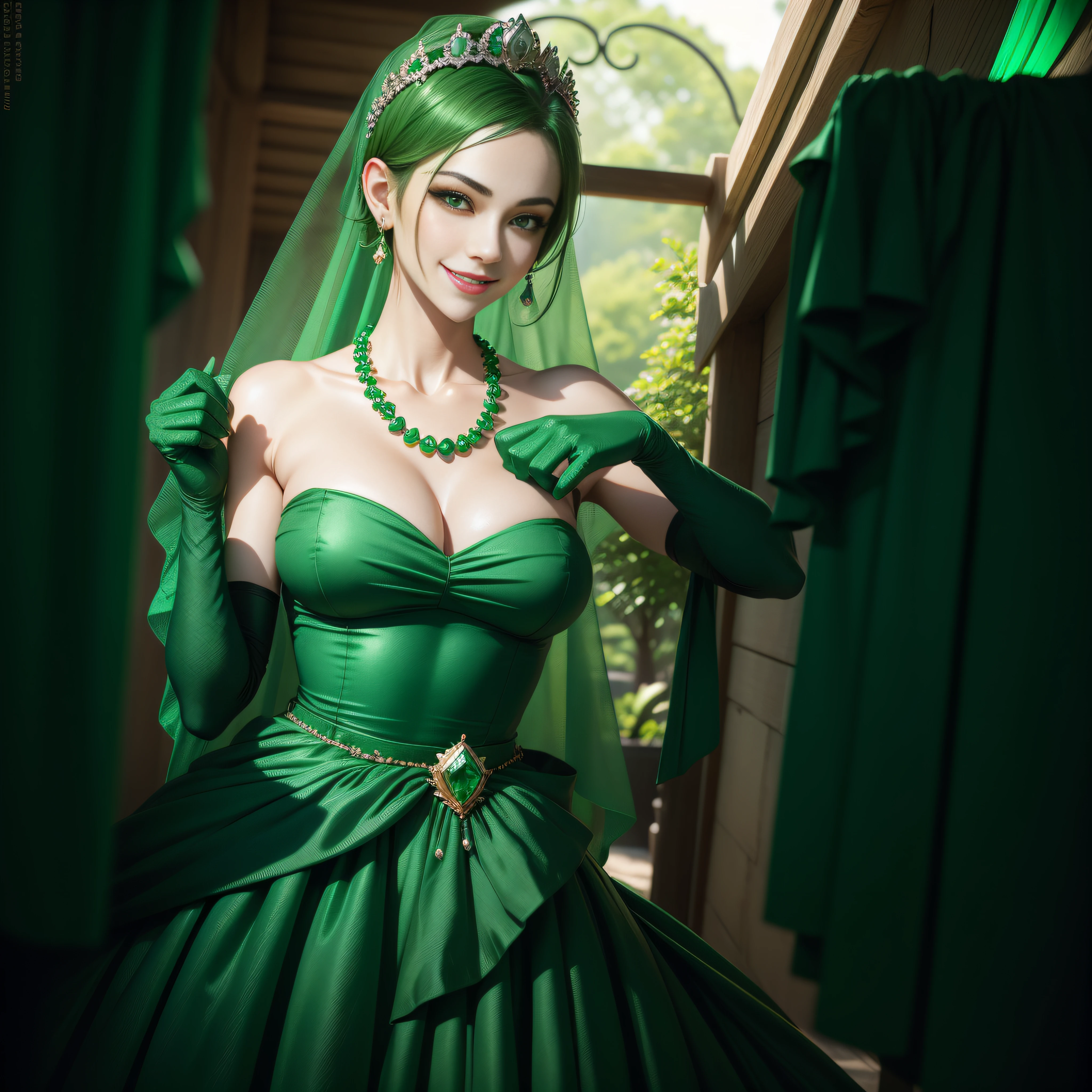 emerald tiara, Green Pearl Necklace, Boyish very short green hair, lipsticks, Japan woman smiling, very short short hair,  beautiful, Green eyes, Long green gloves made of satin material, Green eyes, Emerald Earrings, Green dress