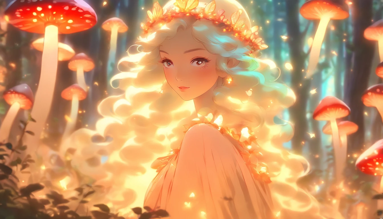 (best quality,ultra-detailed),mushroom forest queen goddess,ethereal,enchanted forest,beautiful detailed eyes,beautiful detailed lips,flowing gown,graceful pose,fairy wings,halo of light,magical crown,glowing mushrooms,whispering trees,mystical atmosphere,soft sunlight filtering through leaves,dreamlike colors,fantasy art,whimsical,mythical,otherworldly,lush vegetation,serene expression,alluring presence,harmony with nature,dancing with butterflies,luminous glow,transcendent beauty,majestic presence,enchanted beings,ethereal glow,tranquil aura,peaceful ambiance