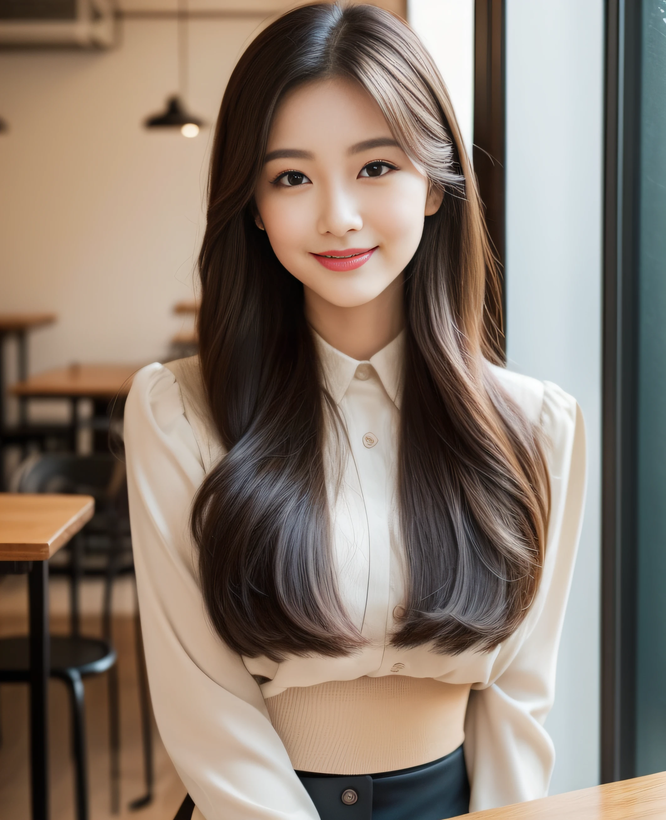 ((Top quality, 8K, Masterpiece: 1.3)), Beautiful girl, Pure, Melon face, Kind and cute, Sweet smile, Pure desire, Slender body, (Front), (Tilted head), ((Looking at camera) ), wearing a raspberry ripple colored suit, black silky long hair, long flowing shoulders, round black big eyes, clear big eyes, moist red lips, sweet, sitting on a chair, cafe background ,(((waist shot))),,