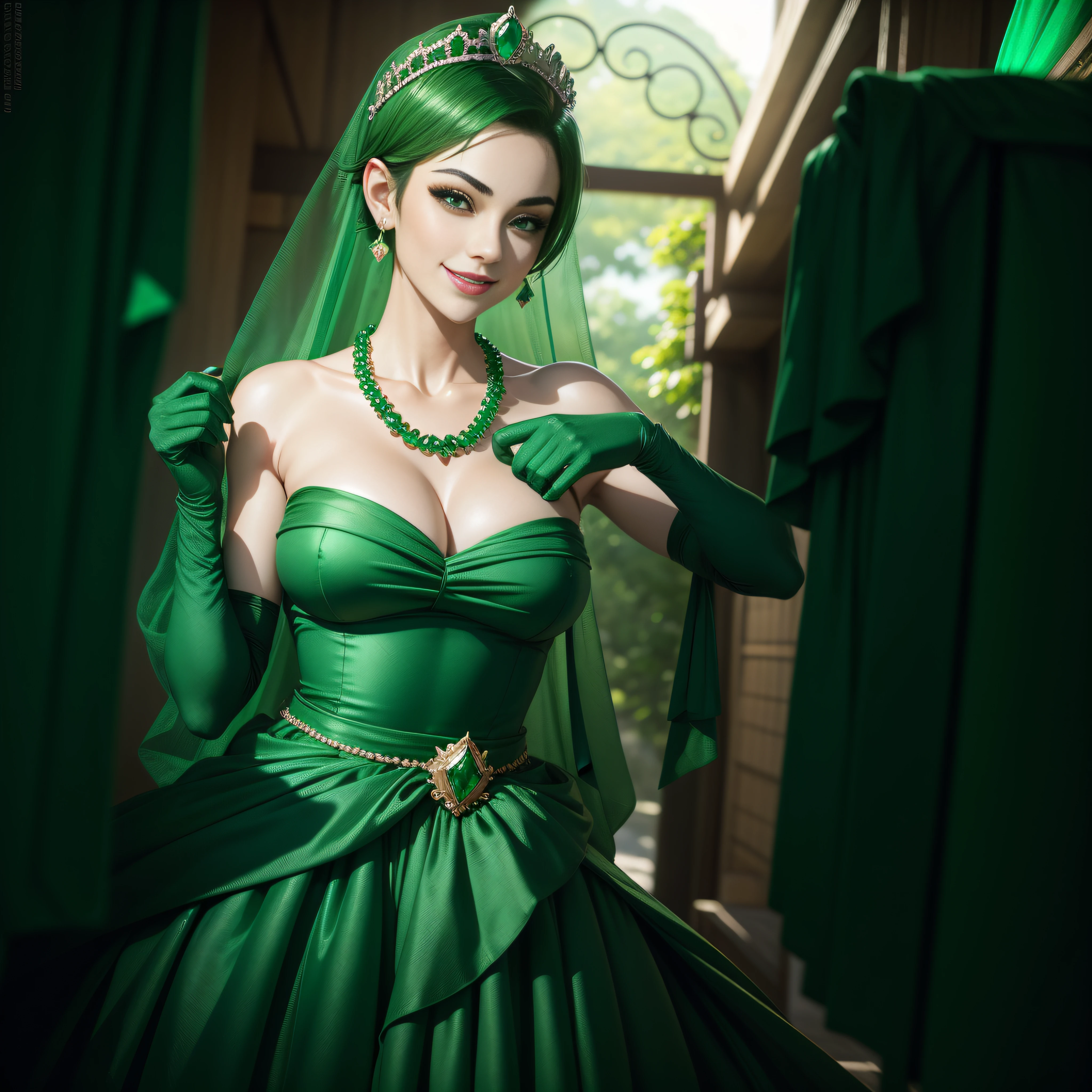 emerald tiara, Green Pearl Necklace, Boyish very short green hair, lipsticks, Japan woman smiling, very short short hair, beautiful, Green eyes, Long green gloves made of satin material, Green eyes, Emerald Earrings, Green dress
