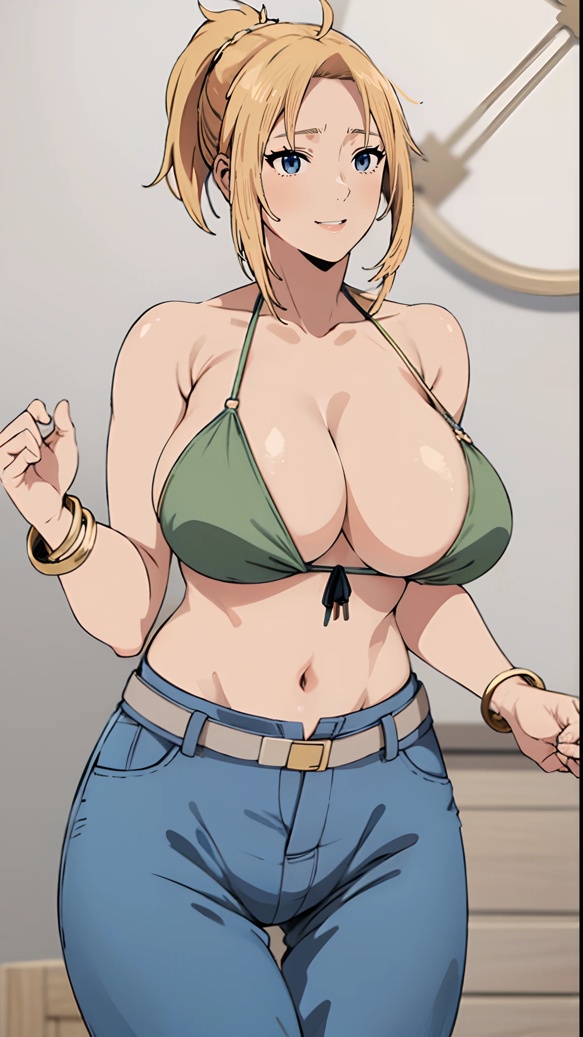 (blonde hair:1.4), blue eyes, low ponytail, jacket, breasts, 1girl, bikini, swimsuit, jewelry, earrings, navel, pants, denim, solo, huge_breasts, bikini_top, cleavage, thigh_gap, jeans, armpits, looking_at_viewer, wide_hips, bracelet, green_bikini, grey_background, tattoo, collarbone, thighs, bangle