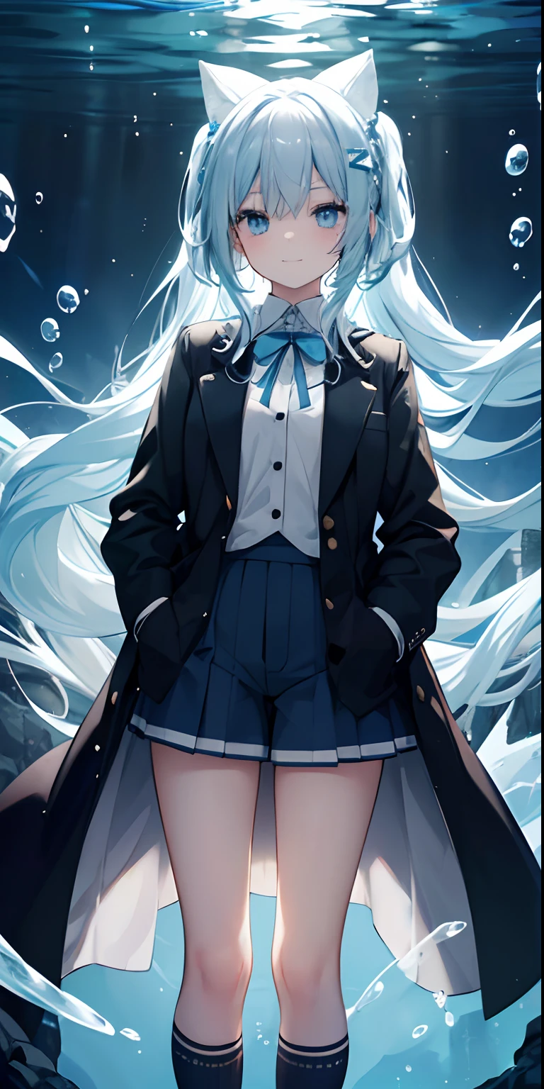 ((top quality)), ((masterpiece)), ((ultra-detailed)), (extremely delicate and beautiful), girl with, solo, cold attitude, ((black overcoat)), She is very (relax )with(Sat)Looks,A dark hair, depth of fields,evil smile,bubble,underwater,air bubble,bright light blue eyes,Inner color with light blue hair and dark blue tips,Cold bottom ,Bob Hair - Linear Art, short pants、knee high socks、White uniform like school uniform、Light blue ribbon bows、The clothes are pure、hands in pockets((superior quality)), ((masterpiece)), ( (ultra-detailed)) of fields,evil smile,bubble,underwater,air bubble,bright light blue eyes,Inner color with light blue hair and dark blue tips,Cool bottom,Bob Hair - Linear Art,short pants、knee high socks、 White uniform like school uniform、Light blue ribbon bows、Clothes are pure、hands in pockets