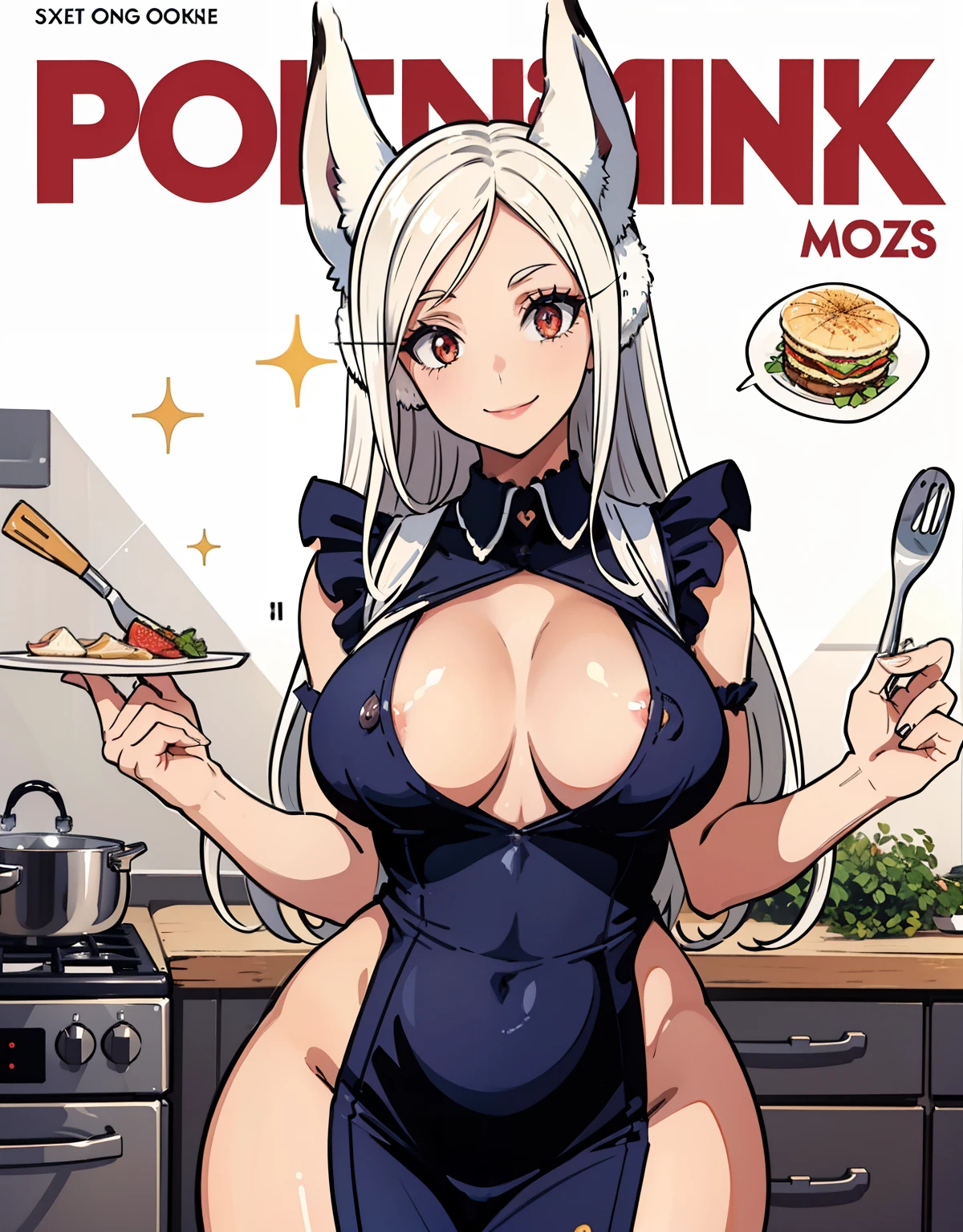 (Best Quality, Masterpiece),sexy mommy, Front cover of a women's cooking magazine, erotic, 18+, nsfw, 1girl, 30 years old, stunning, cute, smile, hourglass figure, Maid costume, beautiful food, text, diagrams, advertisements, magazine title, long white hair,red detailed sparkling eyes, fox ears
