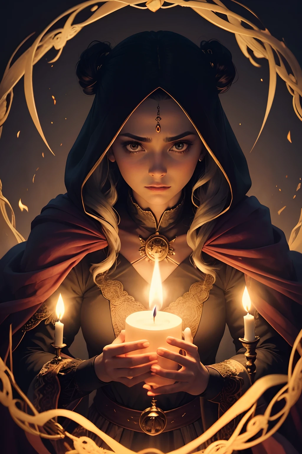 There is a woman holding a candle in her hands, segurando uma vela, casting a protection spell, Mito grego do ritual escuro, casting a flame spell, mulher misteriosa, segurando um porta-velas, candle lighting, mal iluminado, Demonic Magic Ritual, casting a powerful spell, casting an evil spell, com poderes de magia negra, Female mage conjuring a spell, casting evil spell